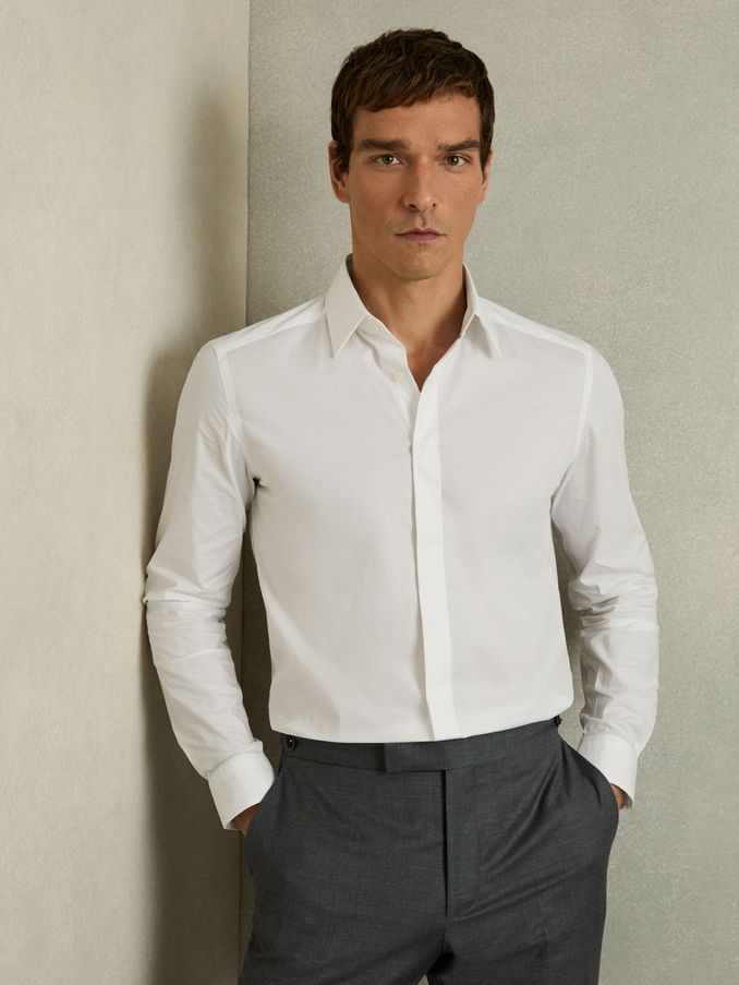Slim Fit Cotton Blend Shirt in White (U00974) | US$54