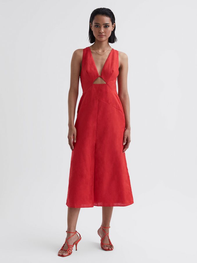 Cotton-Linen Midi Dress in Orange (U06724) | US$86