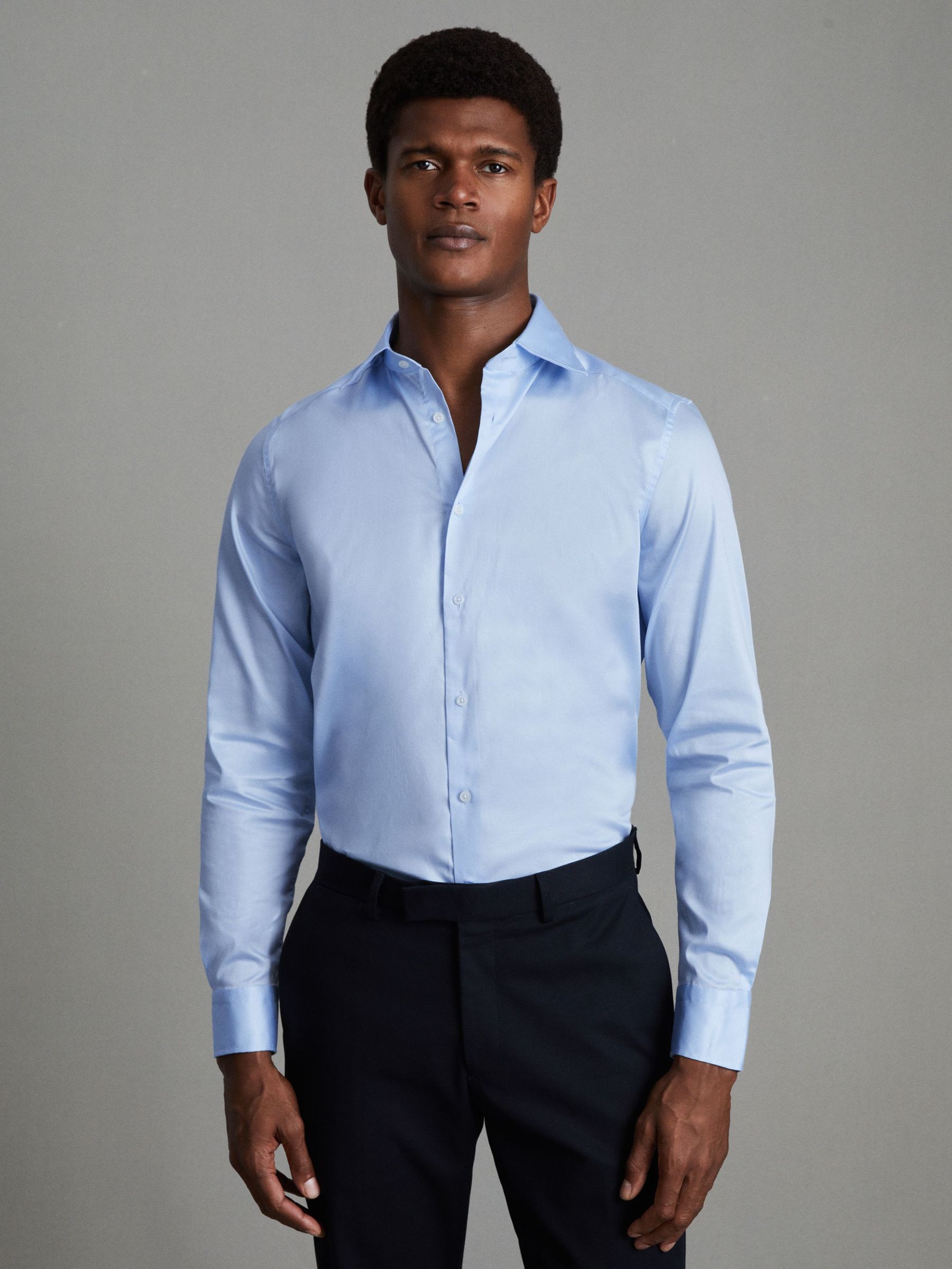 Slim Fit Cotton Blend Shirt in Blue (U09749) | US$52