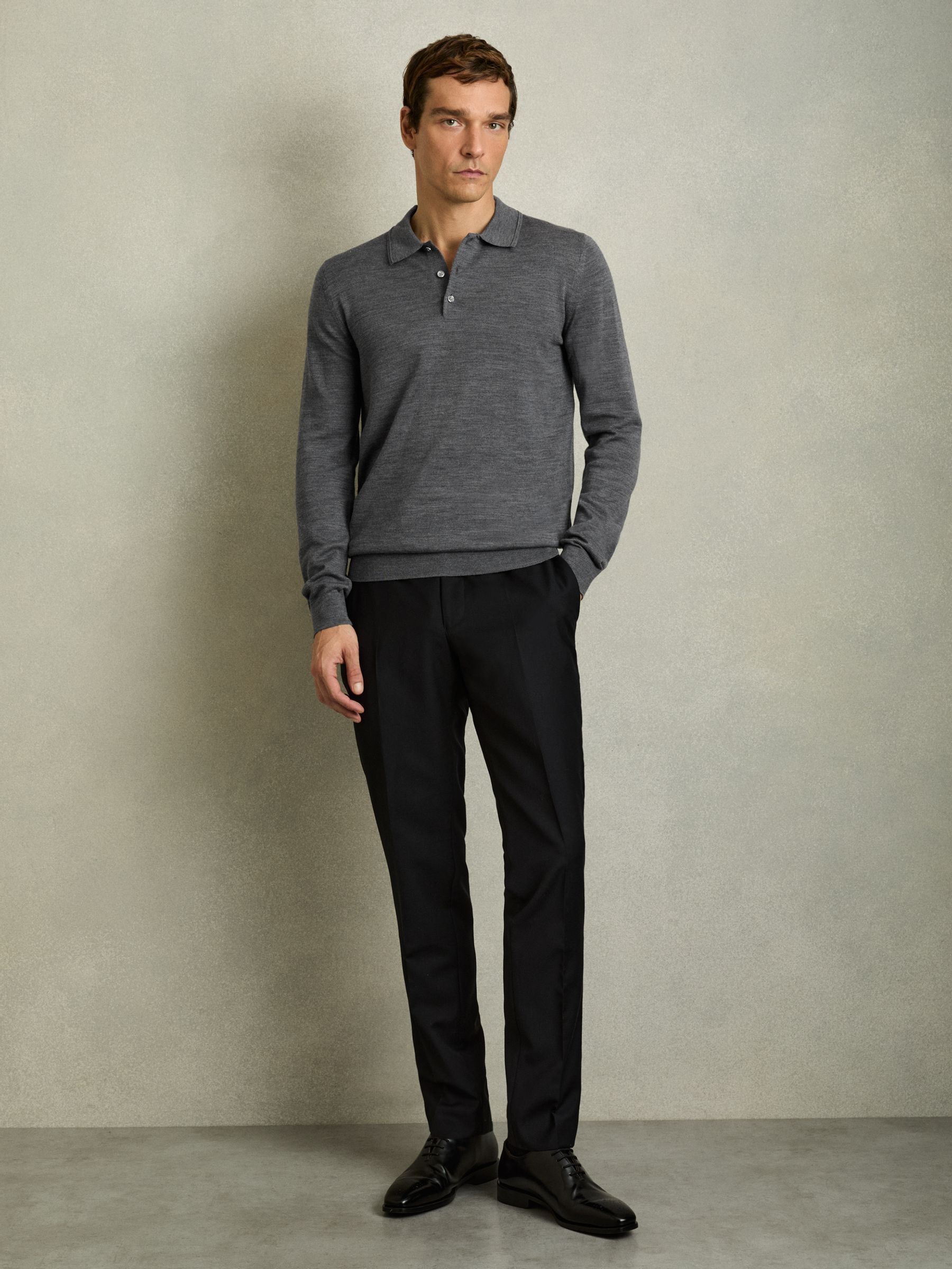 Merino Wool Polo Shirt in Mid Grey Melange (U09770) | €70