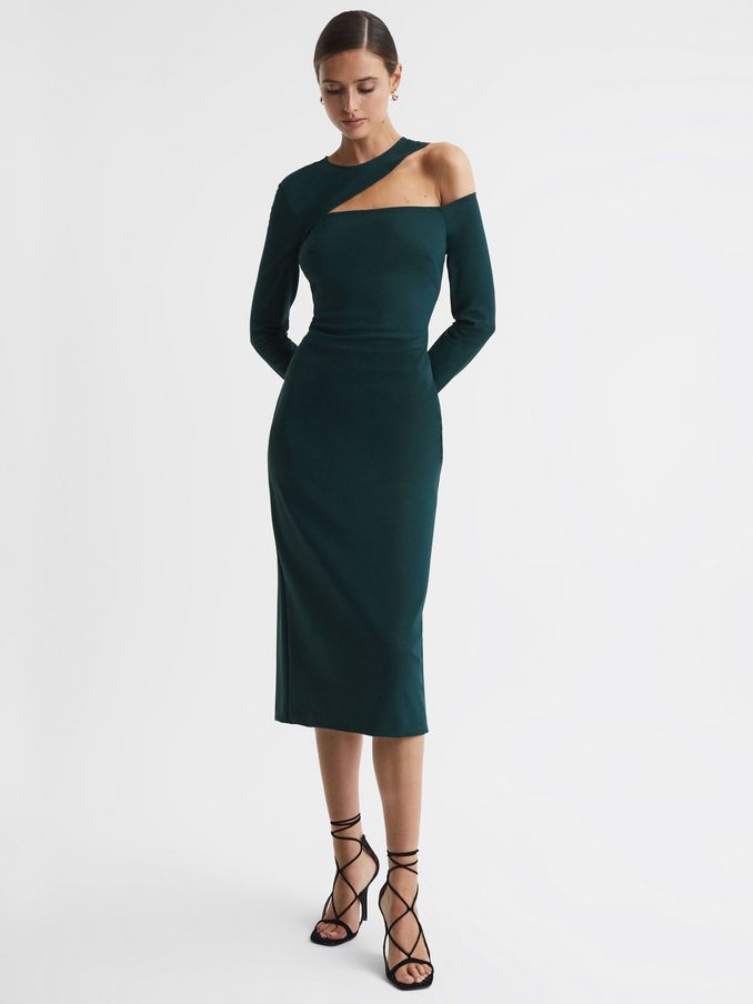 Bodycon Off-The-Shoulder Midi Dress in Teal (U16458) | US$157