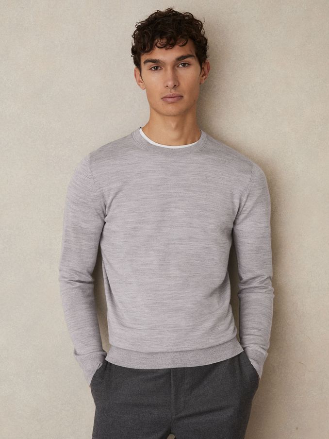 Merino Wool Crew Neck Jumper in Soft Grey Mouline (U24305) | US$145