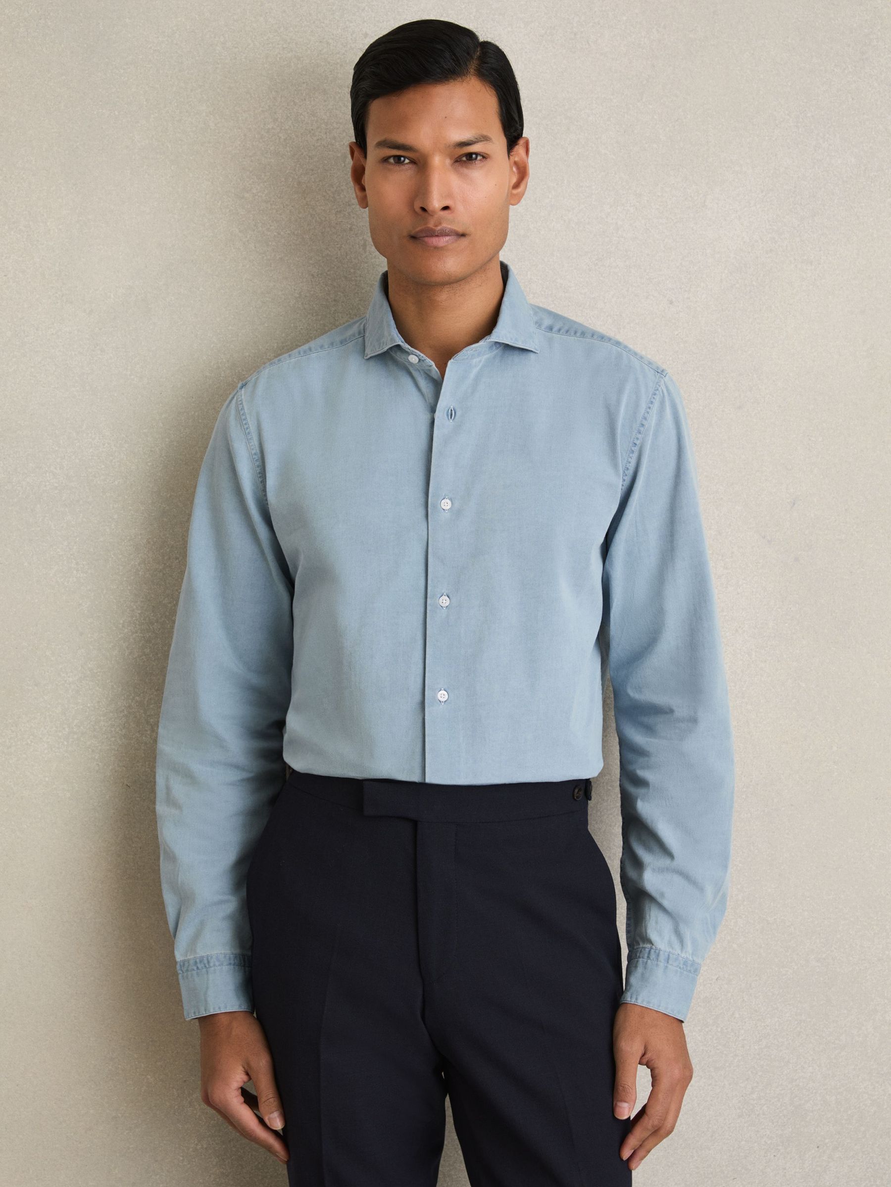 Washed Chambray Button-Through Shirt in Blue (U30649) | CHF 130