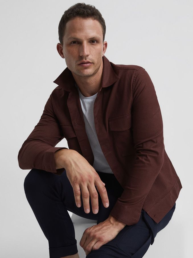 Linen Blend Twin Pocket Overshirt in Sienna (U39871) | $88