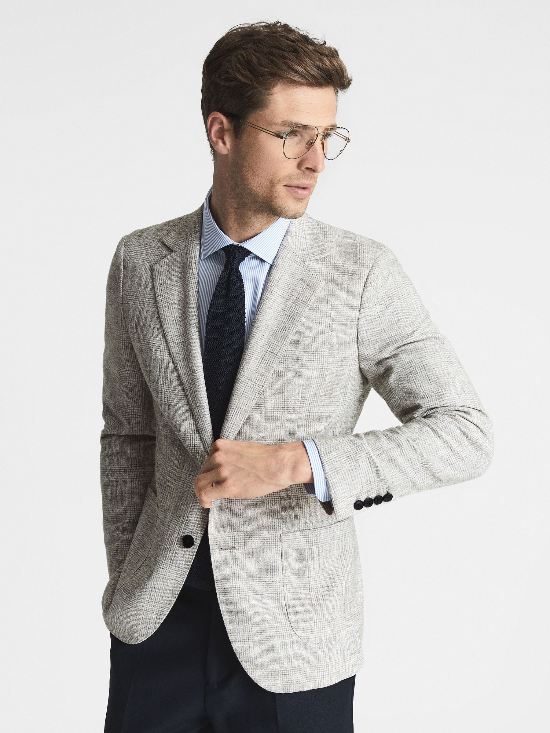 Lindhurst Oatmeal Slim Fit Single Breasted Check Blazer (U42228) | €256