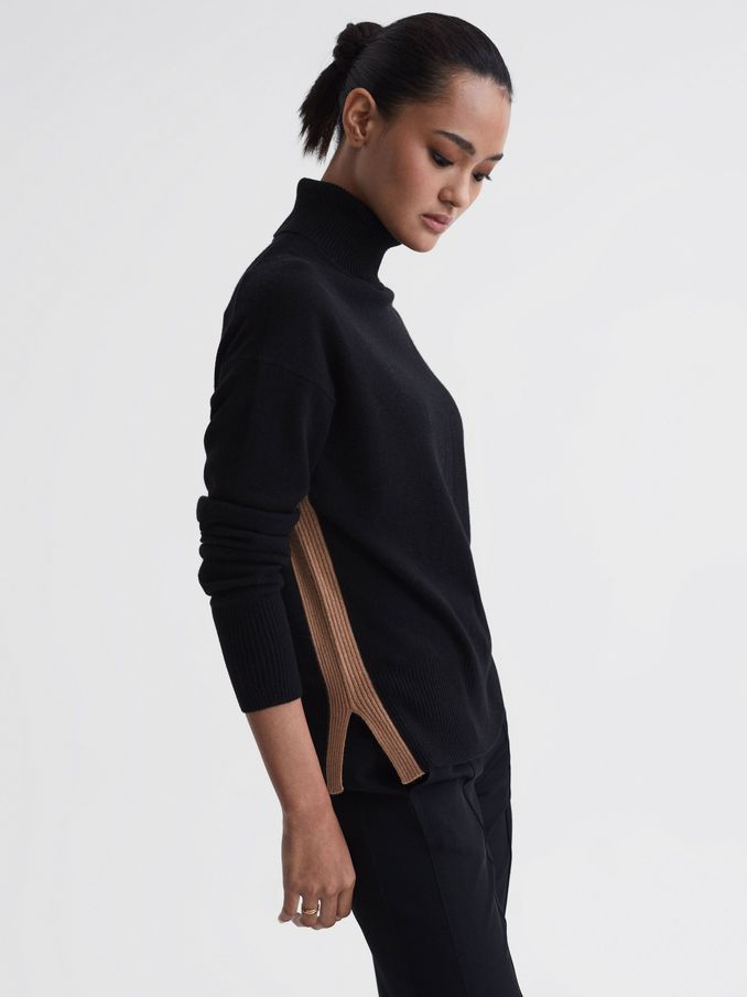 Wool Blend Roll Neck Jumper in Black/Camel (U54596) | €57