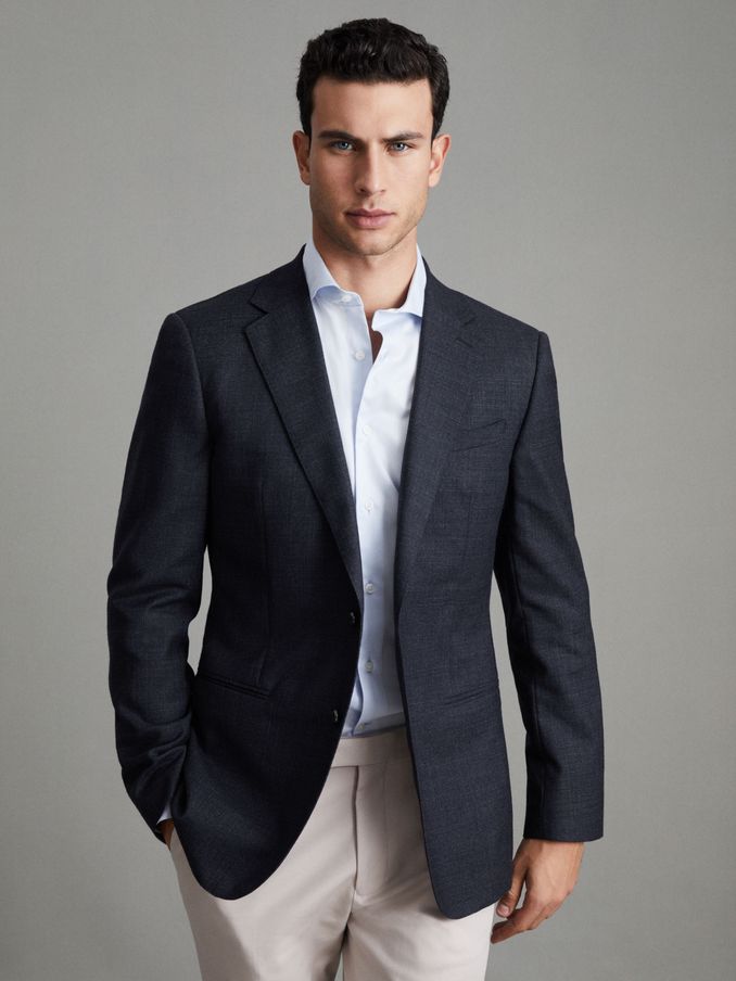 Single Breasted Wool Suit Slim Fit Blazer in Navy (U62227) | US$241