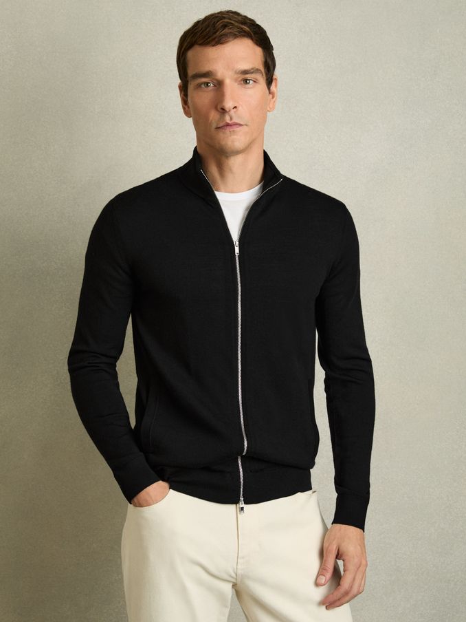 Merino Wool Zip-Through Cardigan in Black (U70193) | 670 SAR