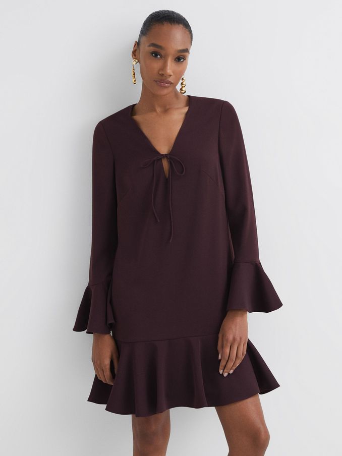 Florere V-Neck Mini Dress in Burgundy (U74885) | €84