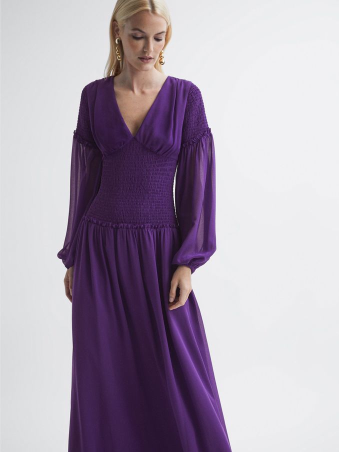 Florere Plunge Neck Shirred Maxi Dress in Dark Purple (U74931) | US$119