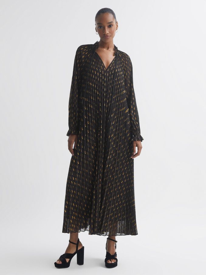 Florere Sheer Metallic Long Sleeve Brown Midi Dress in Brown (U74933) | US$161