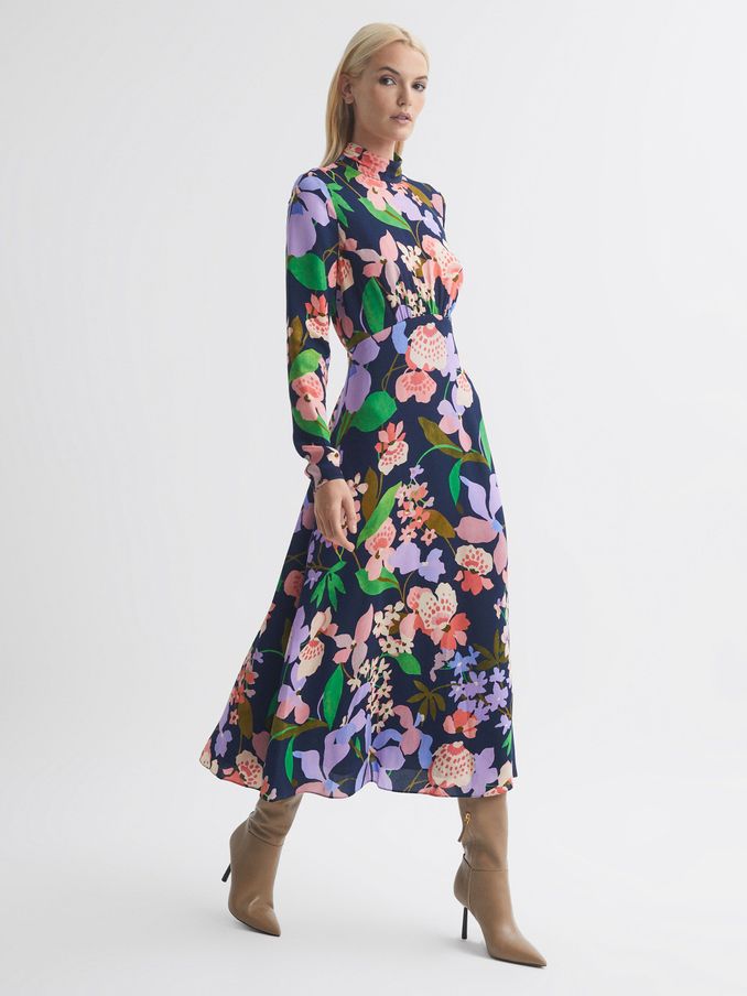 Florere Floral Long Sleeve Midi Dress in Navy (U74948) | €84