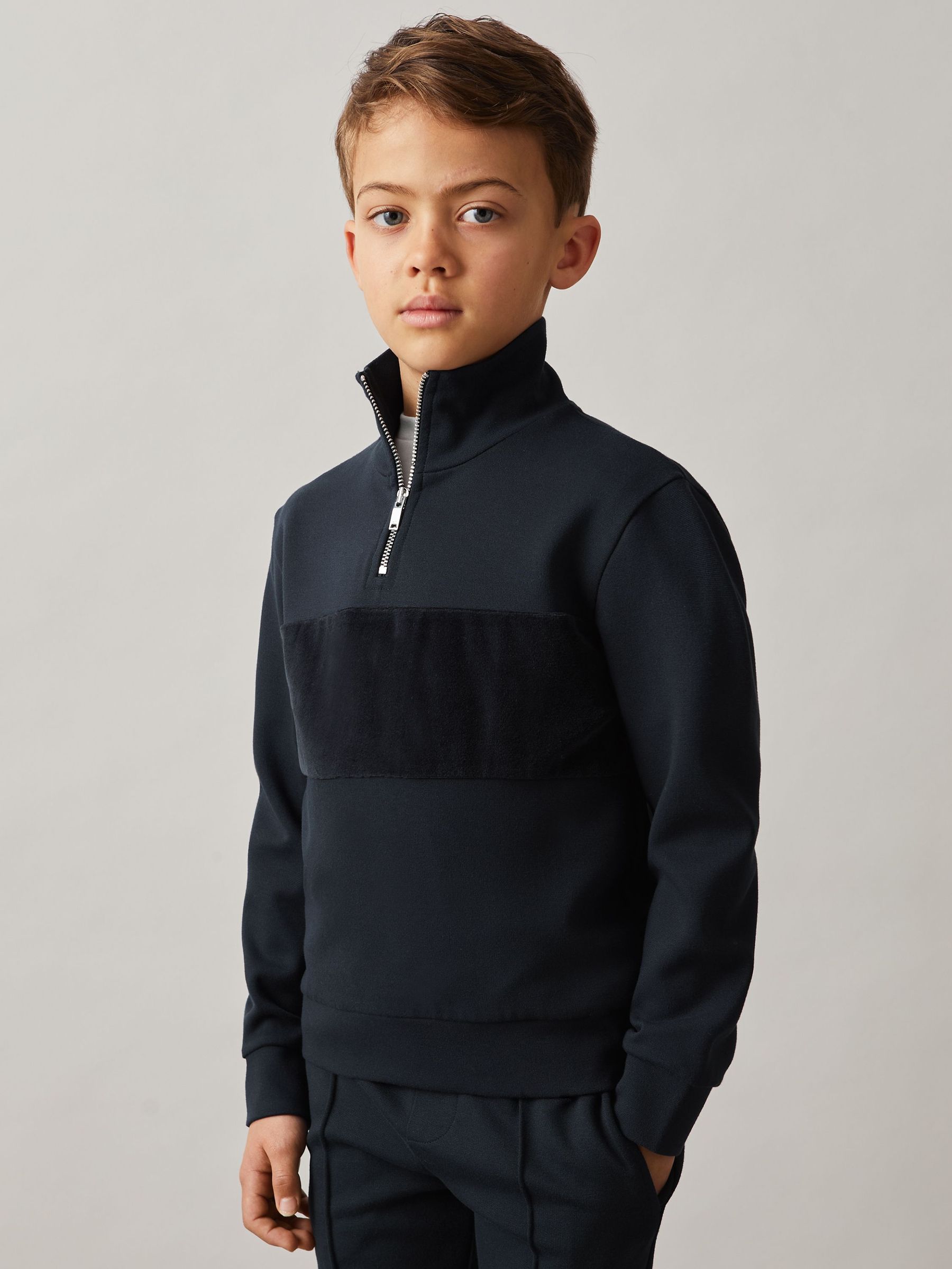 3-9 yrs Slim Fit Half-Zip Funnel Neck Velour Sweatshirt in Navy (U78333) | $60