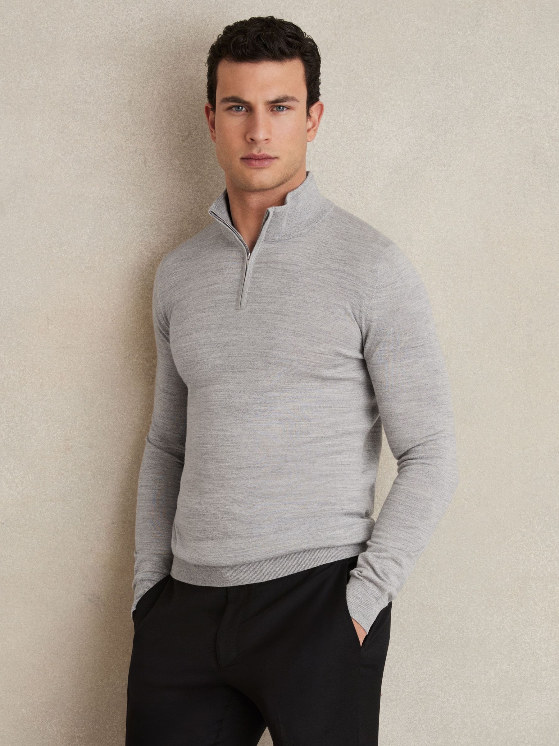 Merino Wool Half-Zip Funnel Neck Jumper in Soft Grey Mouline (U79730) | US$160