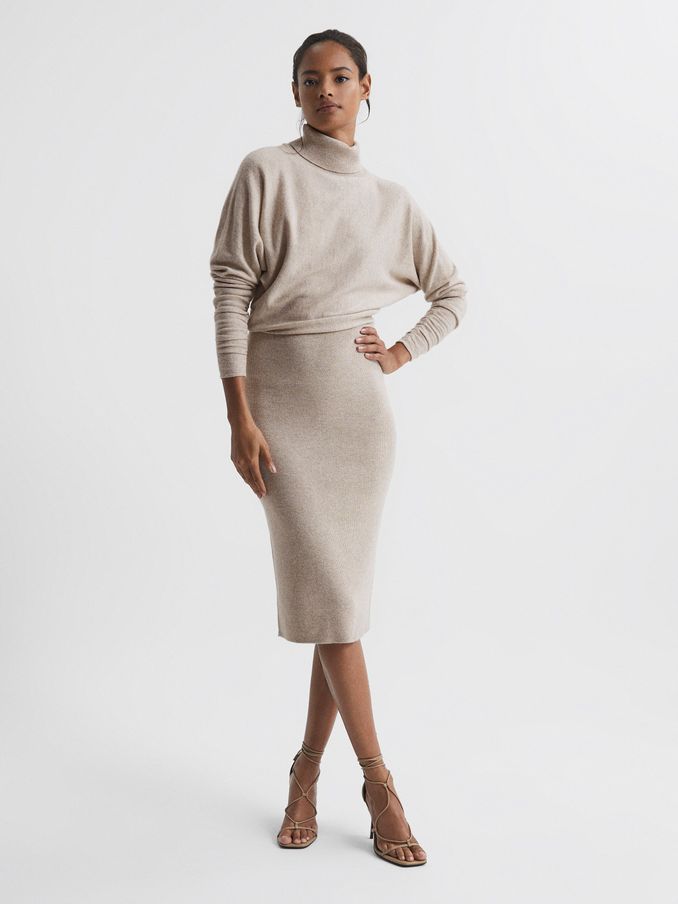 Wool Blend Roll Neck Dress in Oatmeal (U89240) | AED330