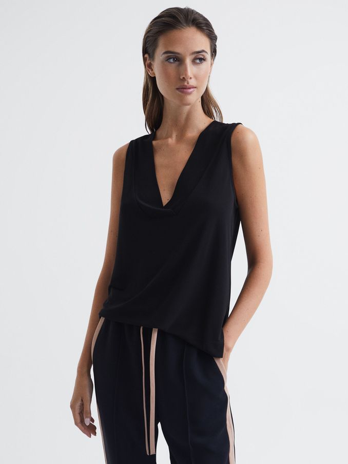 V-Neck Shell Blouse in Black (U90759) | AED156
