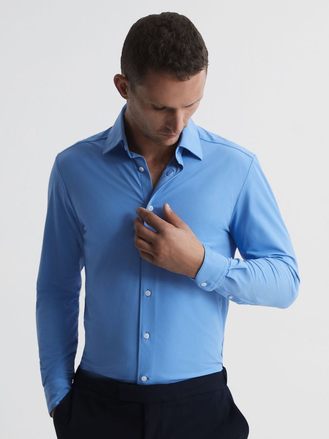 Regular Fit Travel Shirt in Soft Blue (U90762) | US$105