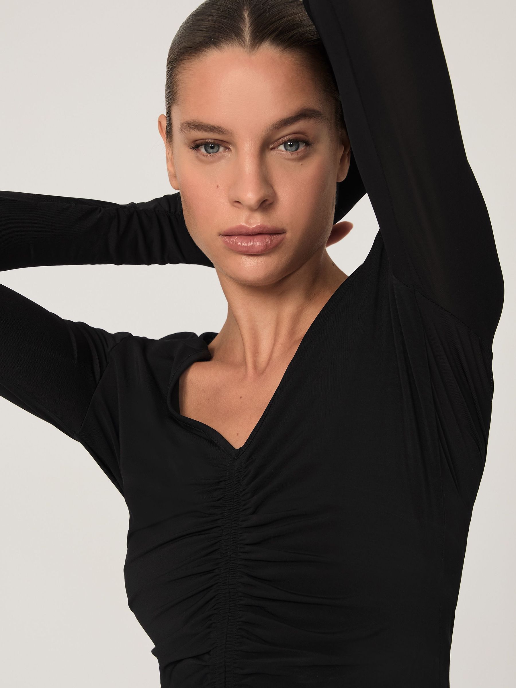 Ruched Mesh V-Neck Top in Black (V00015) | 600 QAR