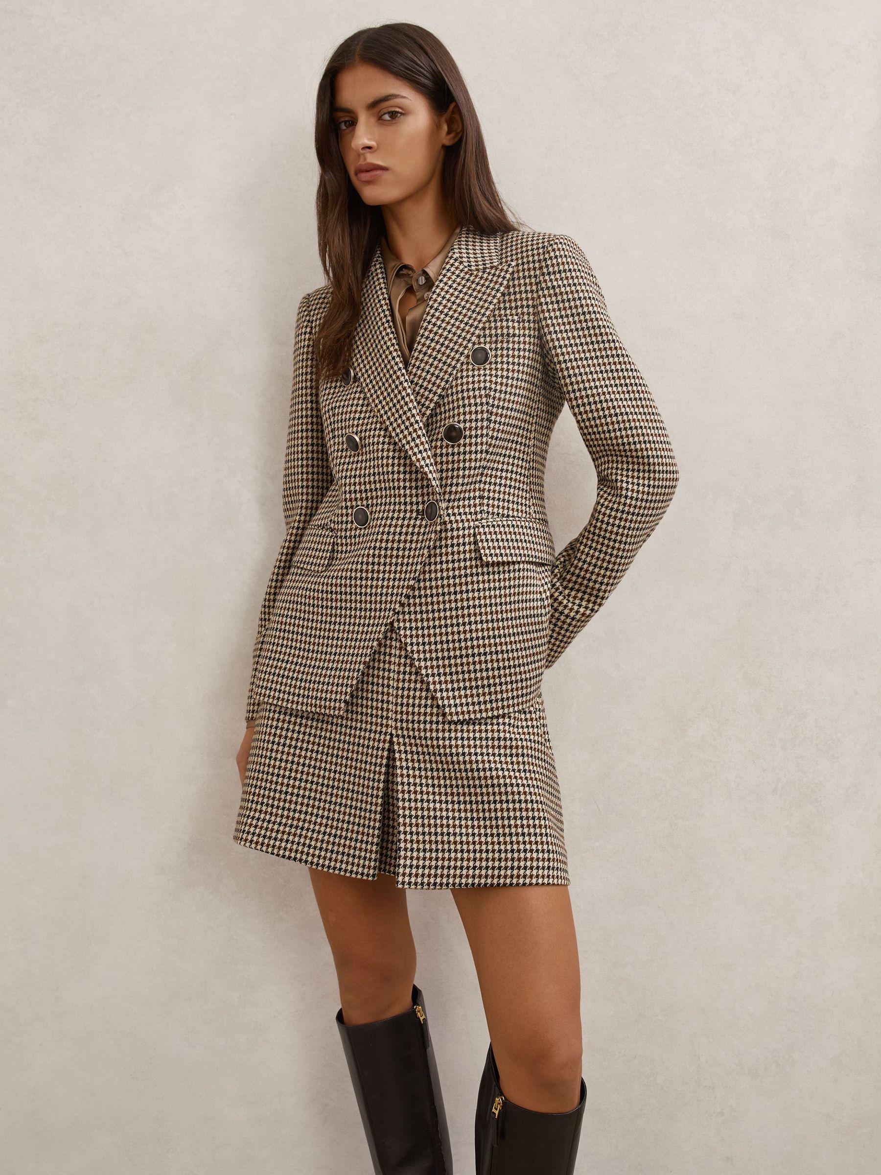 Wool-Blend Double-Breasted Check Blazer in Neutral Check (V00023) | $495