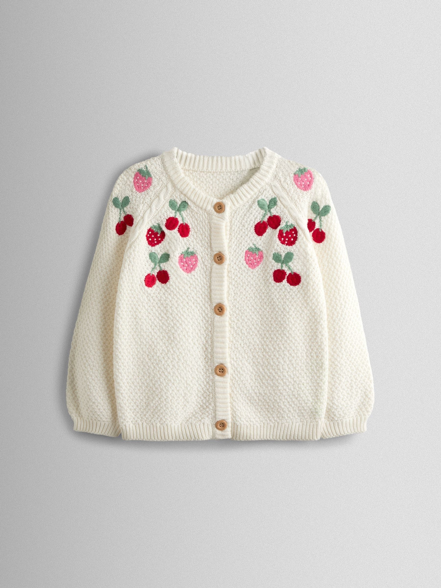 Cream Fruit Embroidered Textured Cardigan (V00484) | $48 - $53
