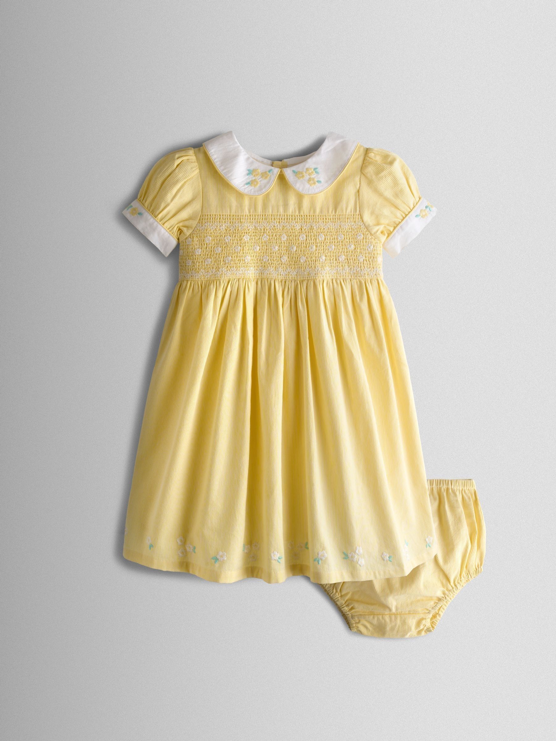 Light Yellow Bud Floral Embroidered Collar Smocked Party Dress (V00499) | $69 - $79