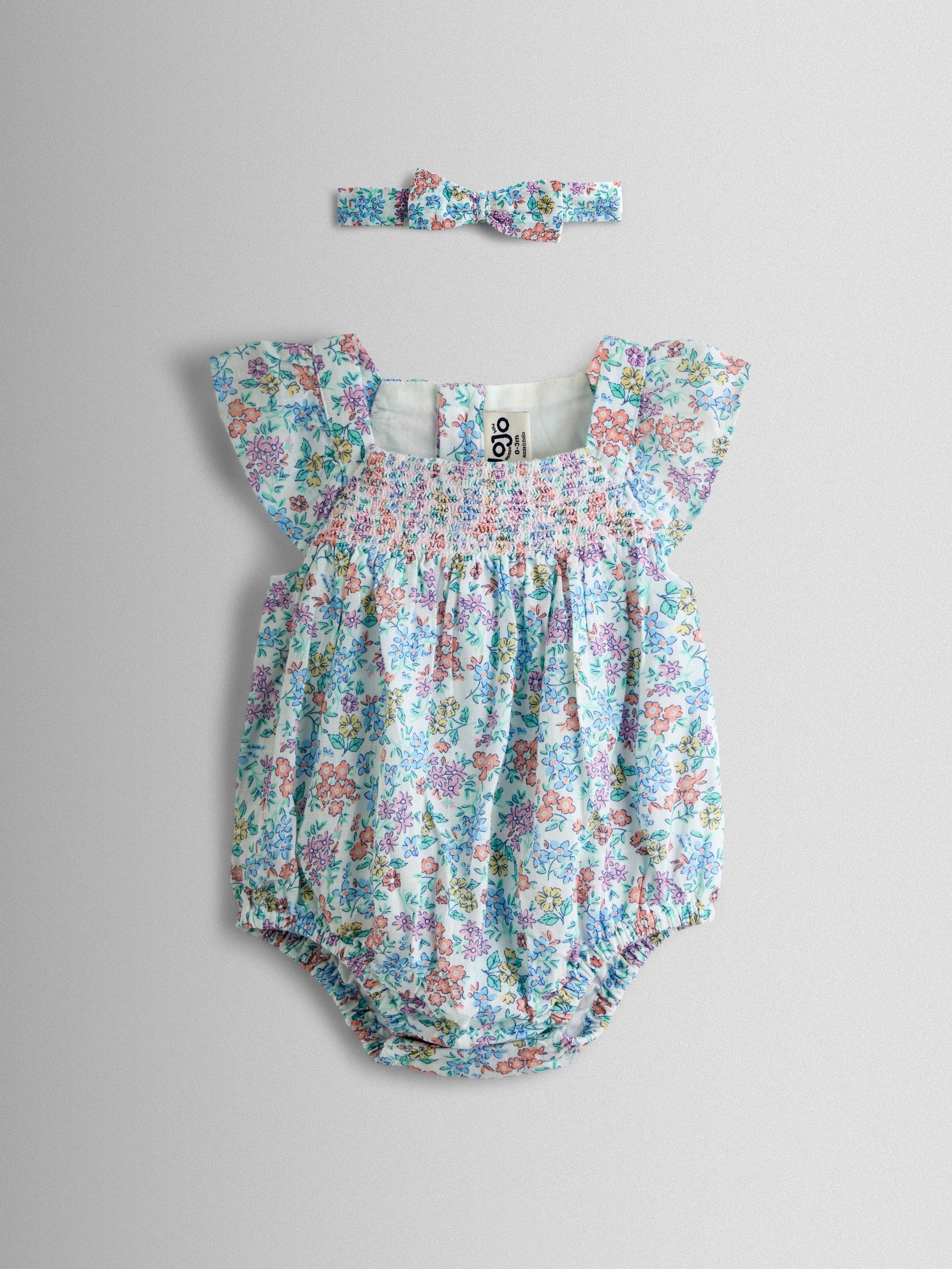 Cream Floral Smocked Bubble Romper and Headband Set (V02458) | $43 - $45