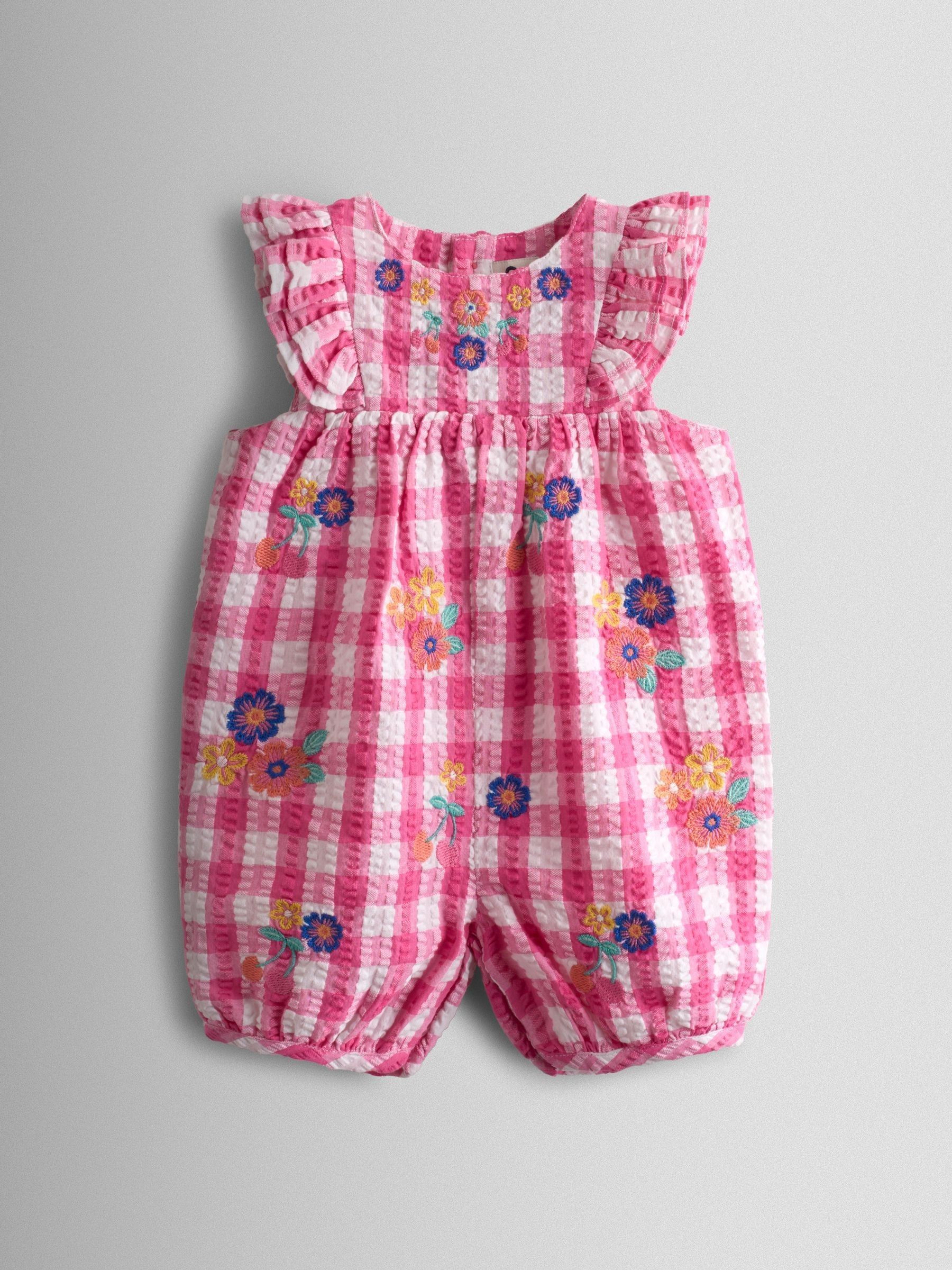 Mid Pink Frill Shoulder Embroidered Romper (V02465) | $43 - $45