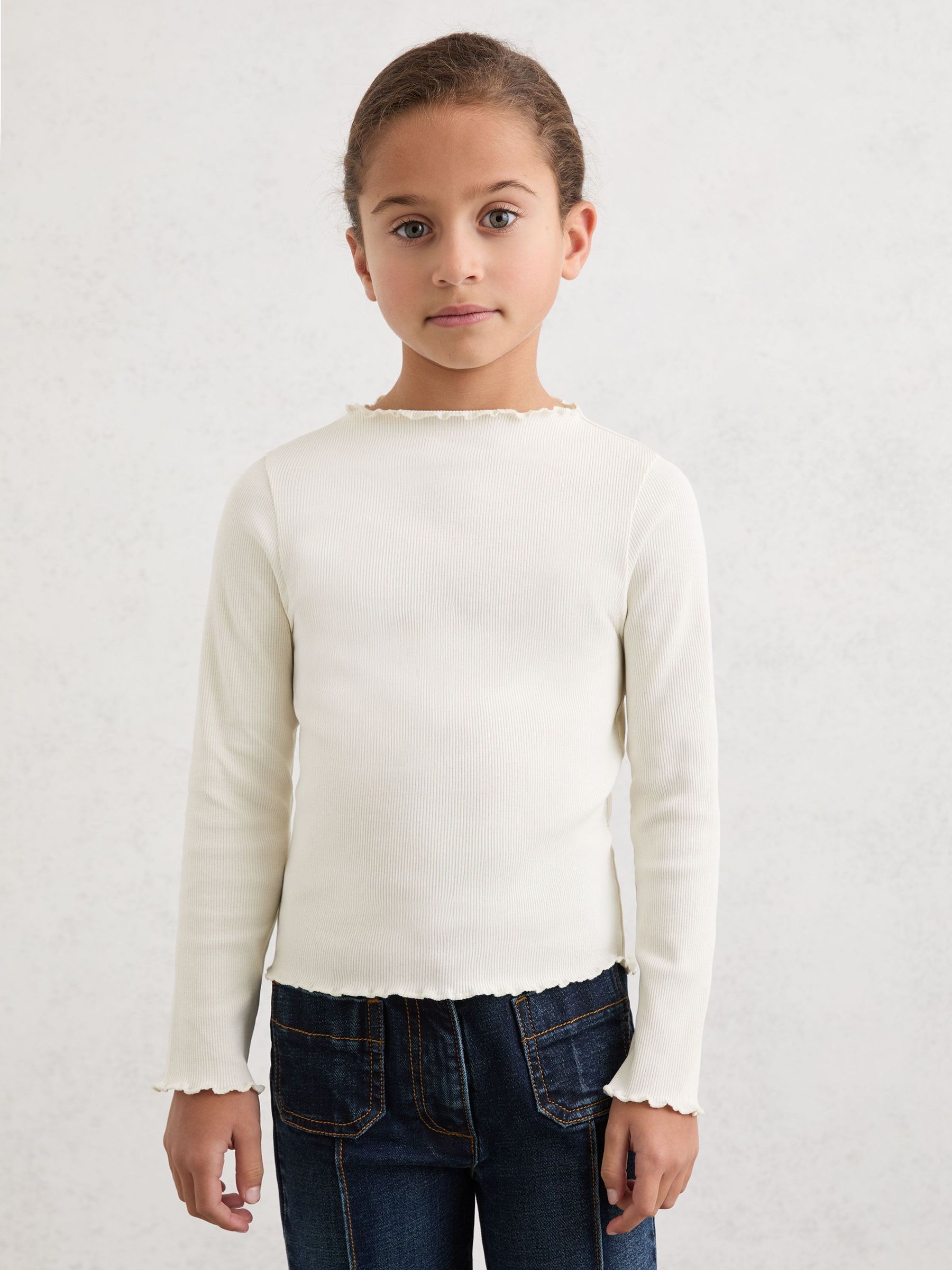 3-9 yrs Stretch-Cotton Lettuce-Trim Ribbed Top in Ecru (V02710) | $35