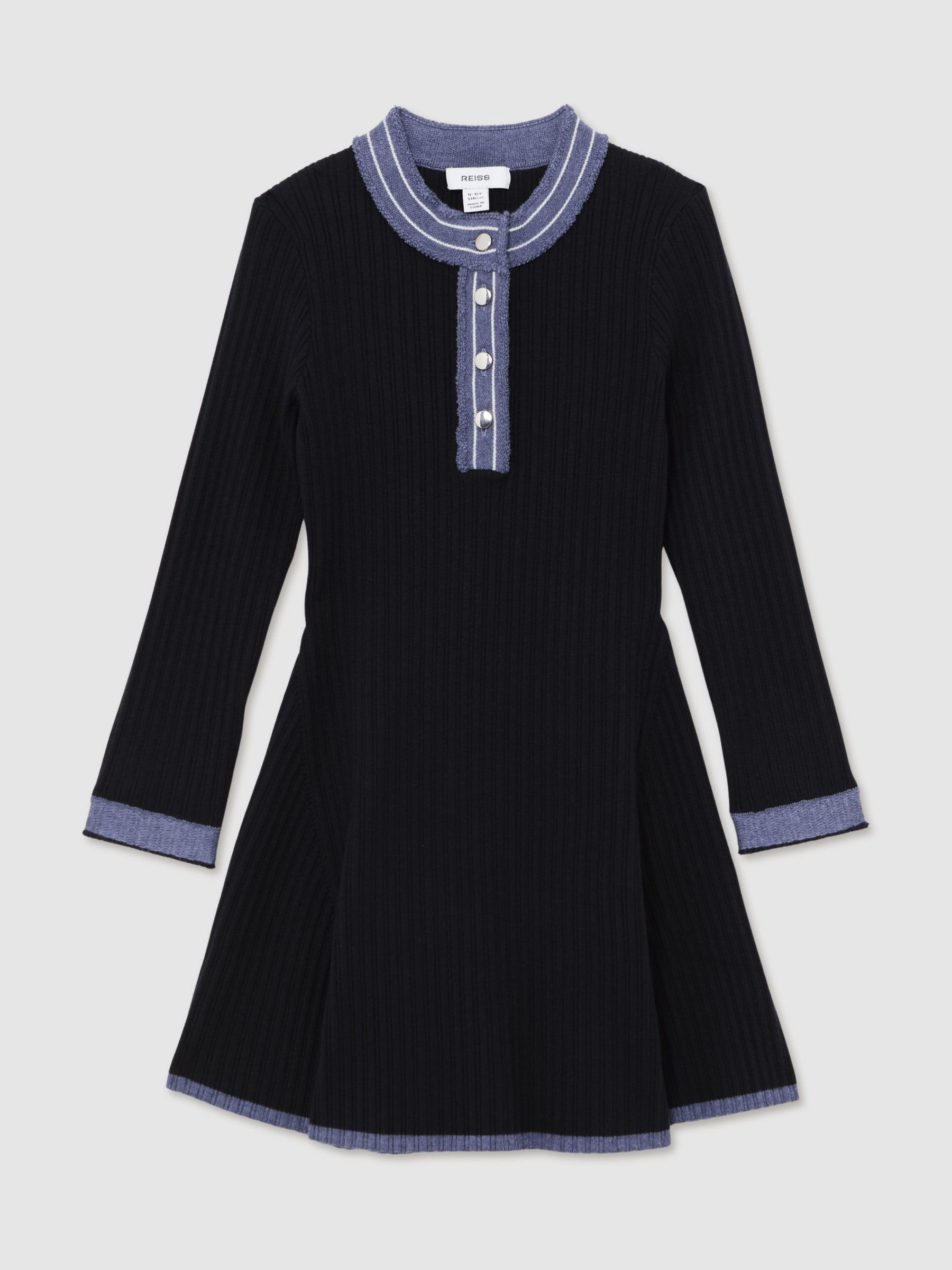 13-14 yrs Contrast-Trim Rib-Knit Skater Dress in Navy (V02715) | $135
