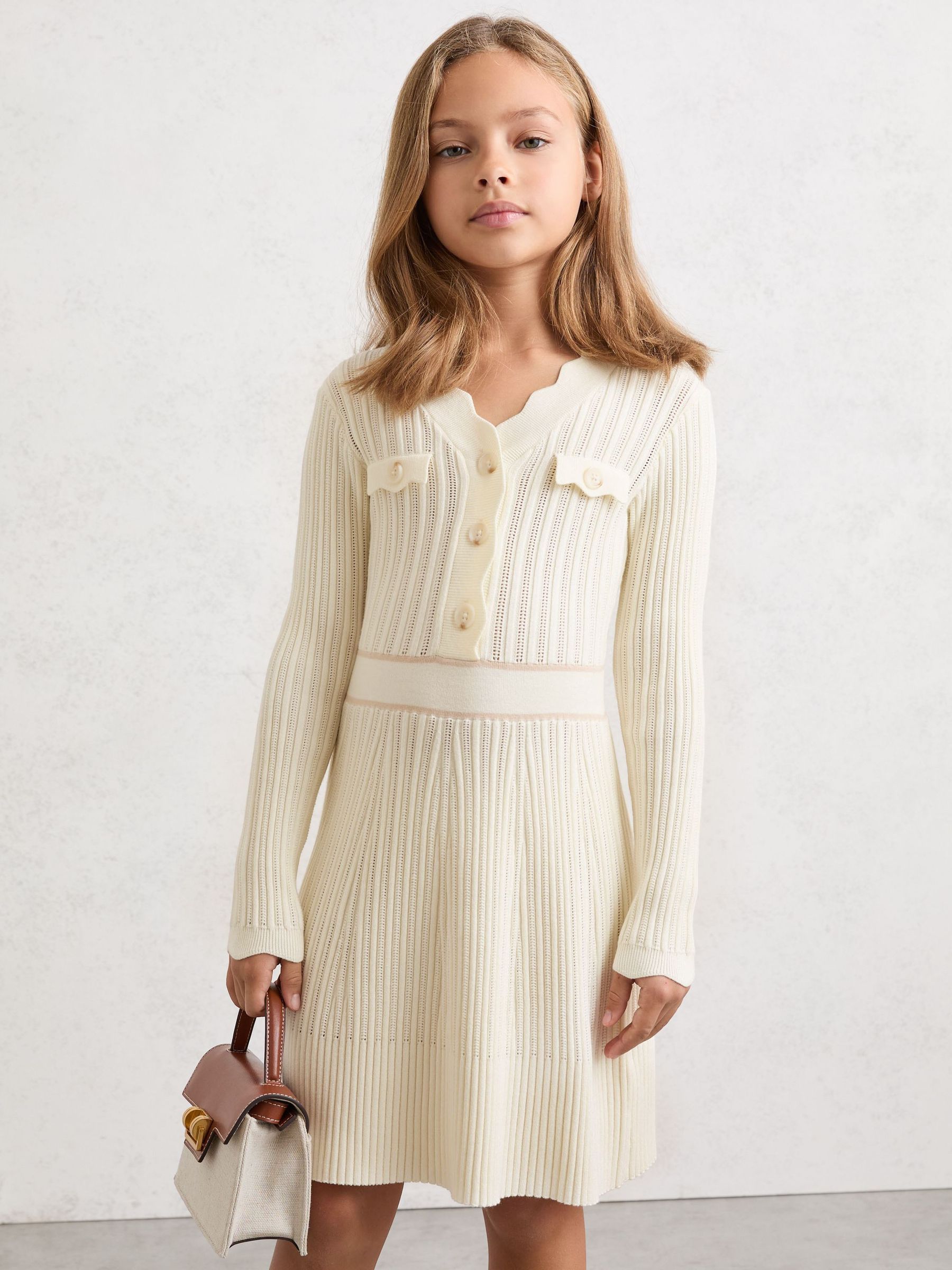 9-13 yrs Pointelle-Knit Scallop-Trim Dress in Ivory (V02753) | $130