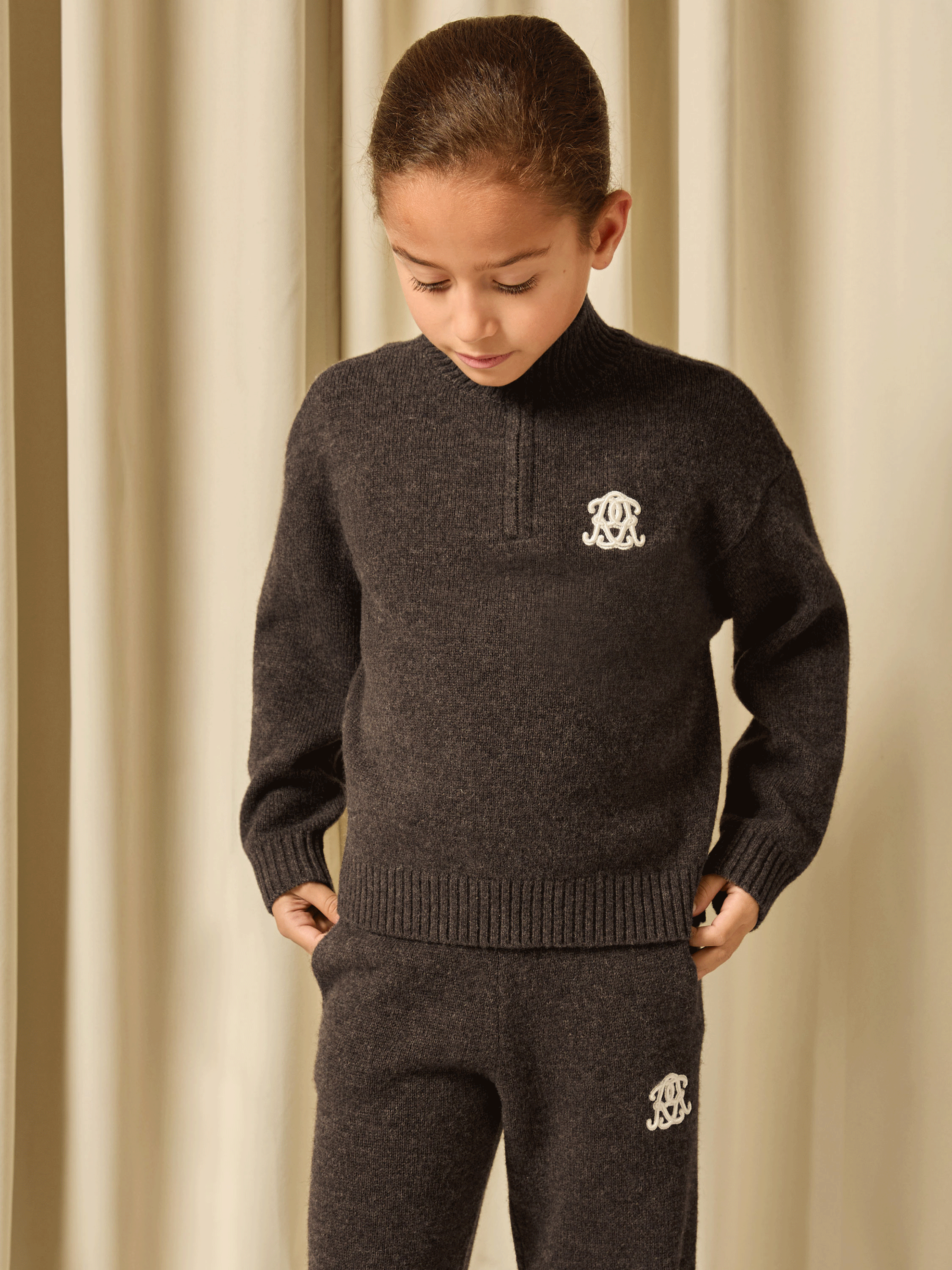 3-9 yrs Monogram Relaxed Half-Zip Jumper Wool-Blend Unisex Fit in Chocolate Brown (V04075) | $75