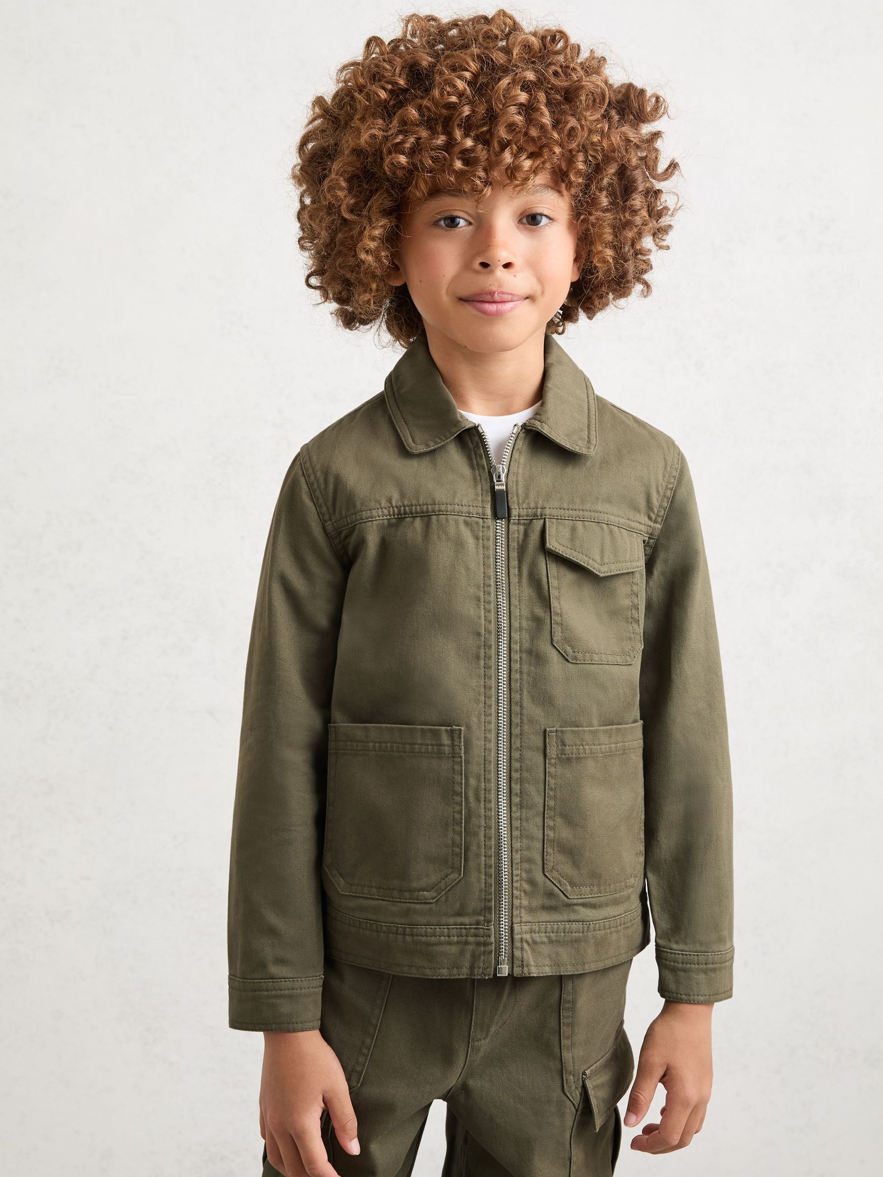 9-13 yrs Cotton Zip-Through Utility Jacket in Khaki (V04079) | €70
