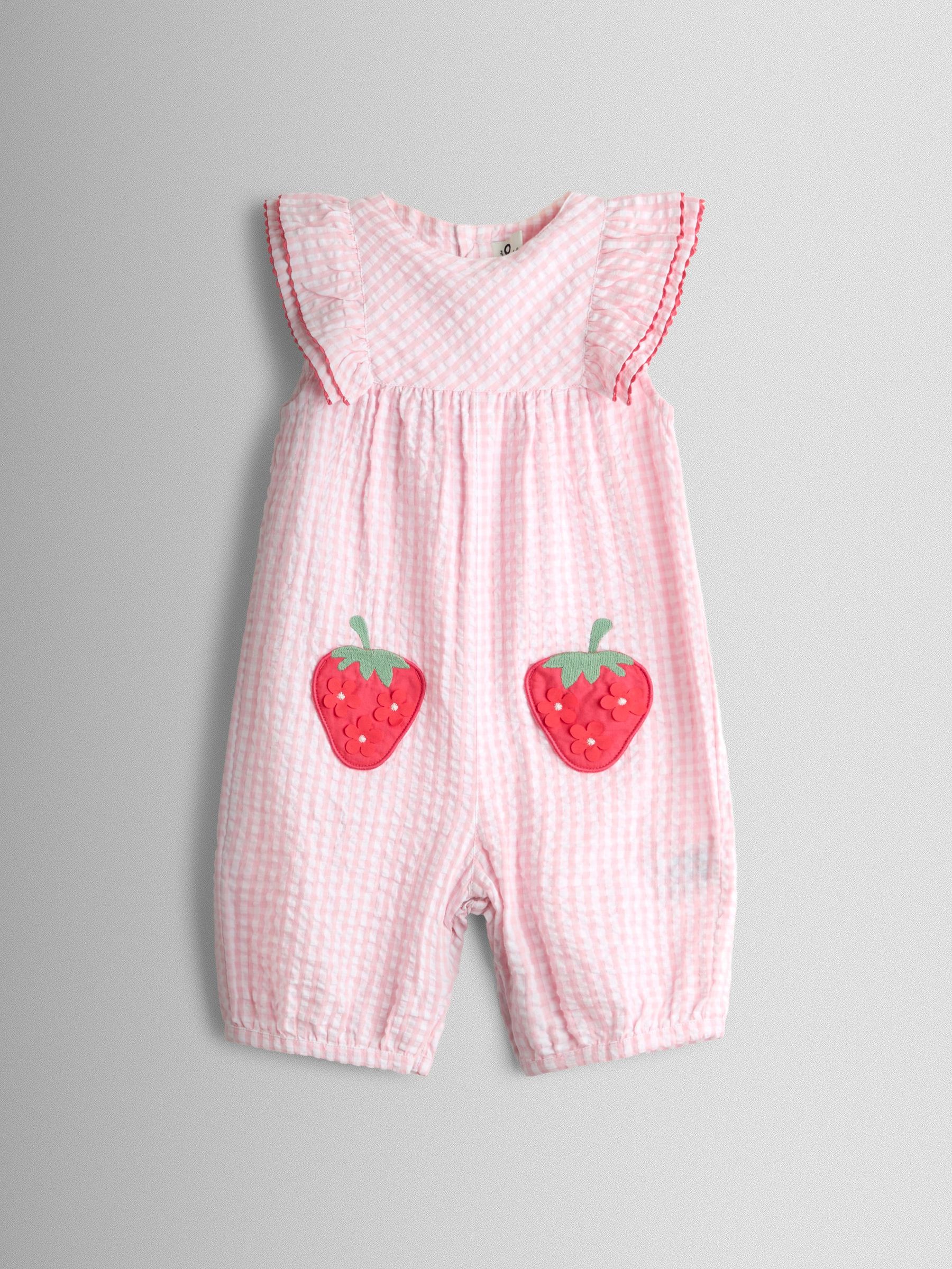 Pink Strawberry Frill Shoulder Appliqué Pocket Romper (V08986) | $43 - $45