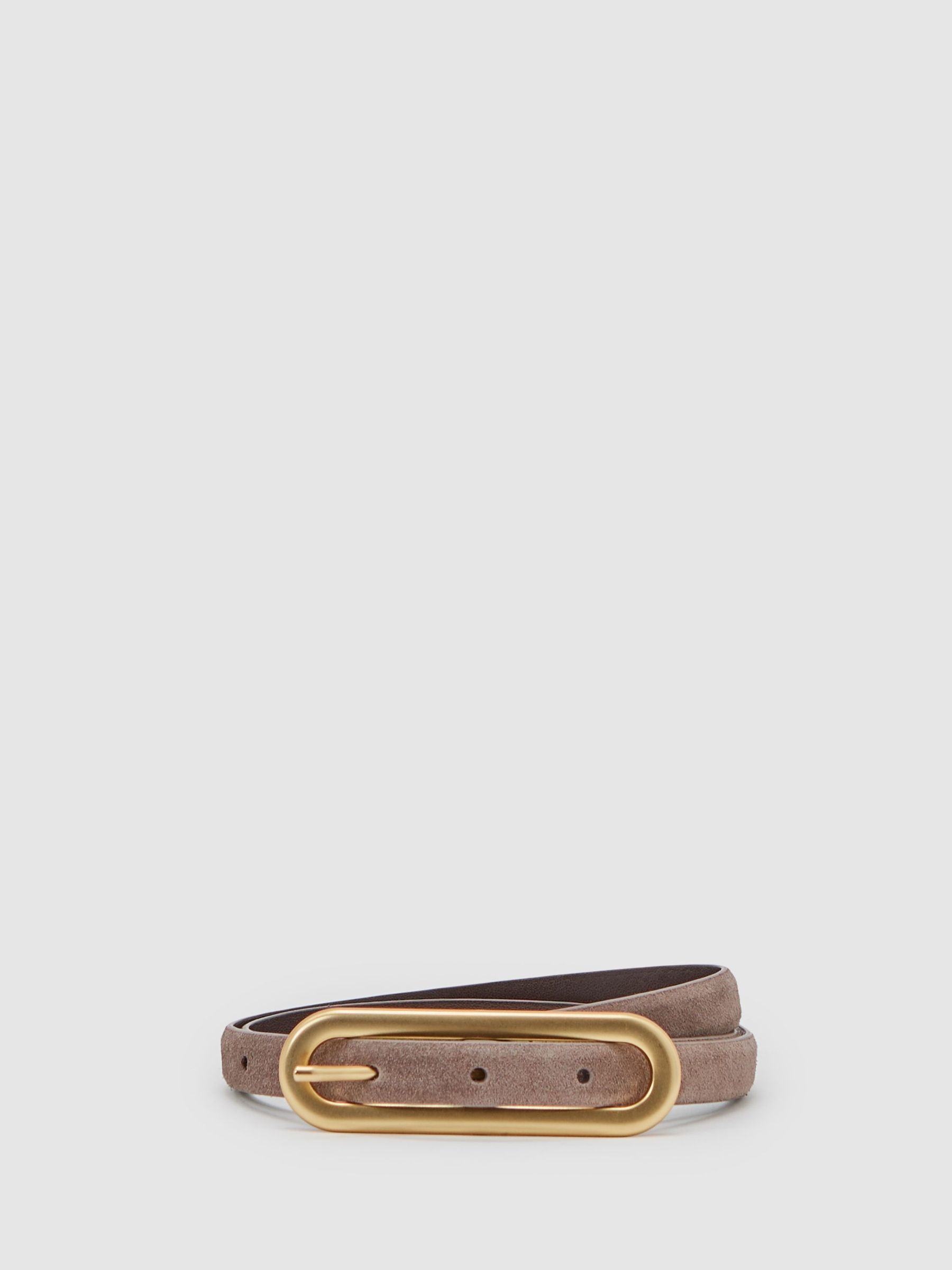 Thin Leather Elongated Buckle Belt in Taupe (V09375) | $80