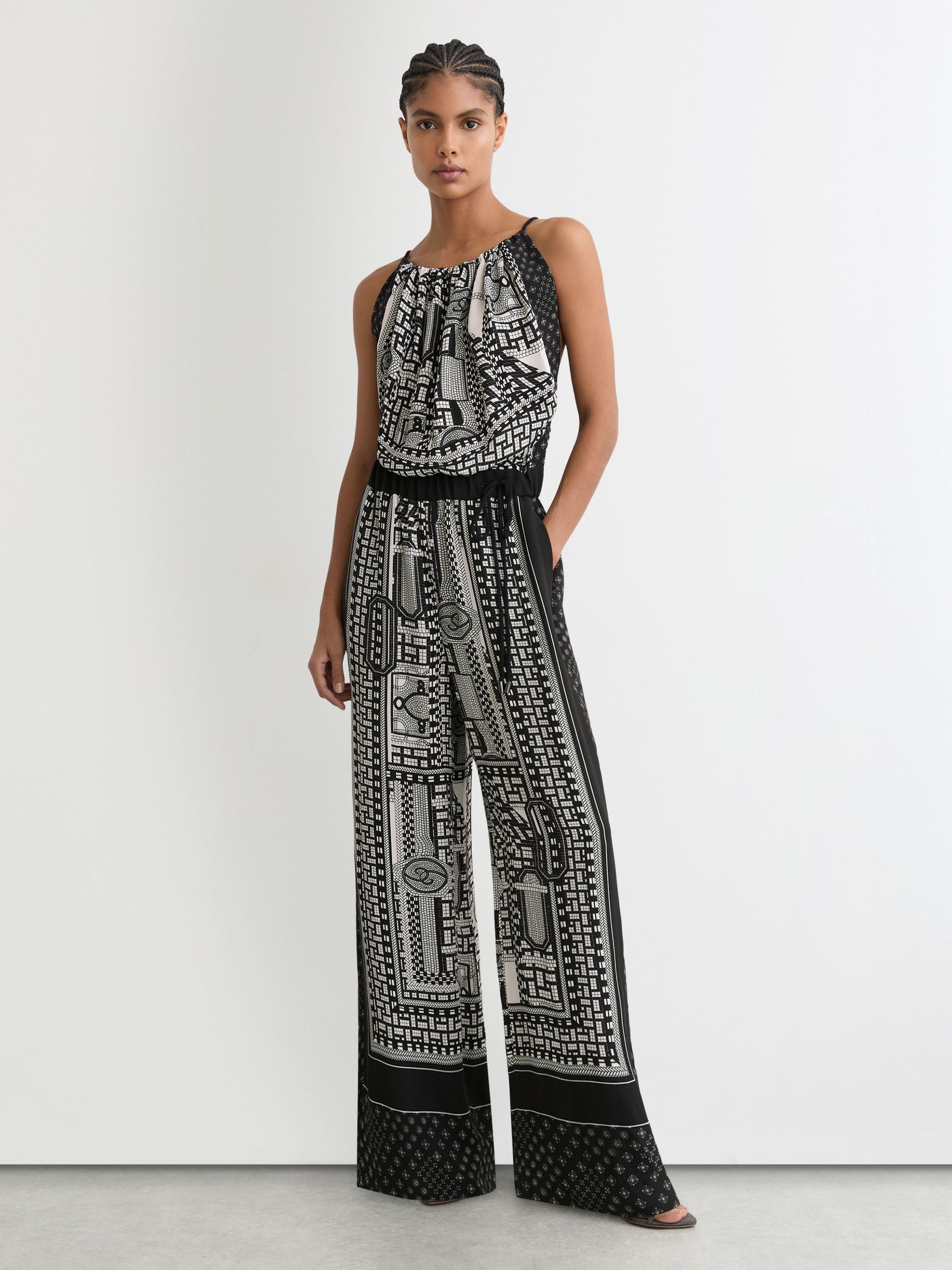 Scarf-Print Wide-Leg Jumpsuit in Black/Ivory (V09405) | $455