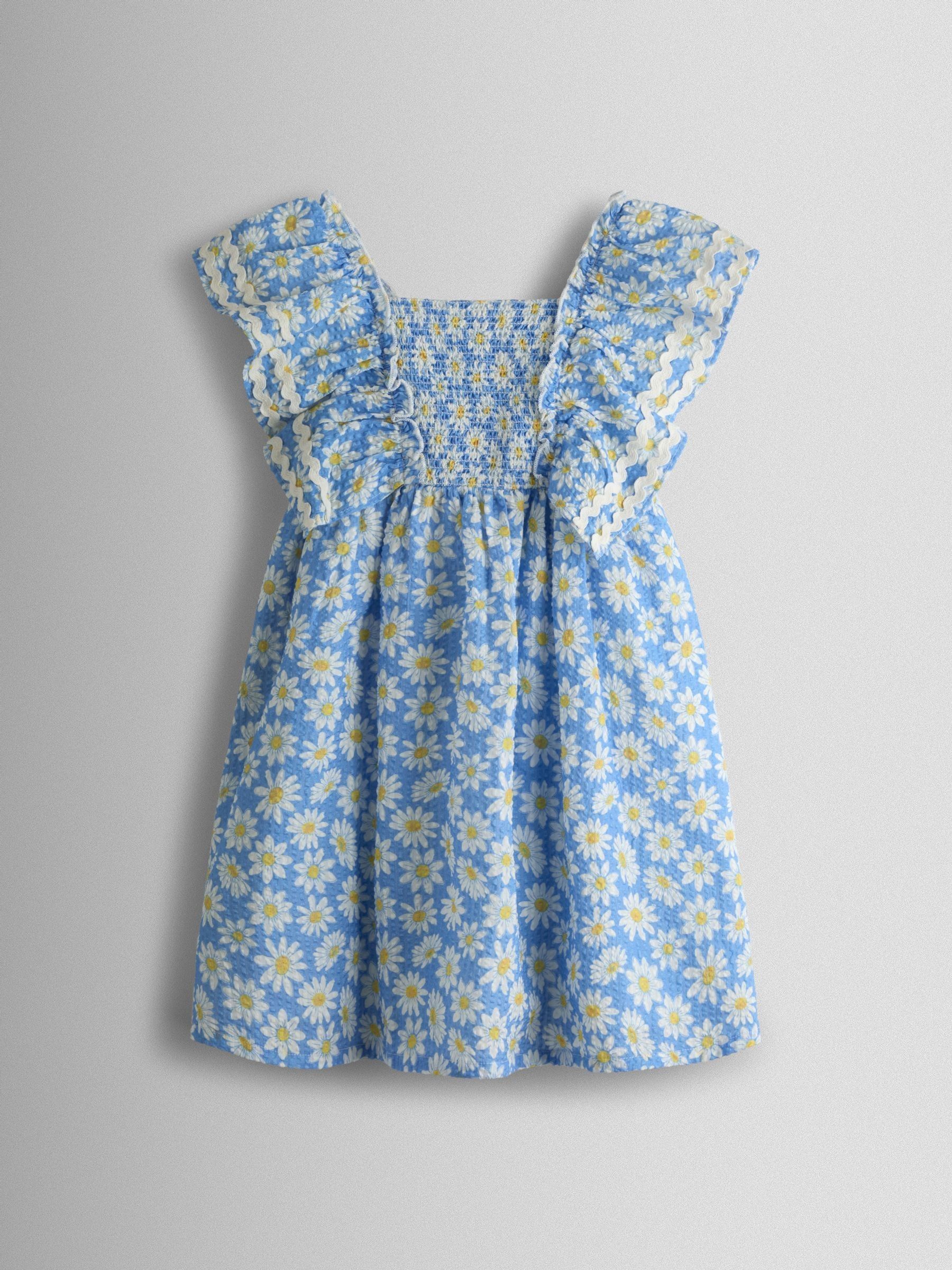 Blue Daisy Seersucker Frill Shoulder Smocked Dress (V11449) | $41 - $46