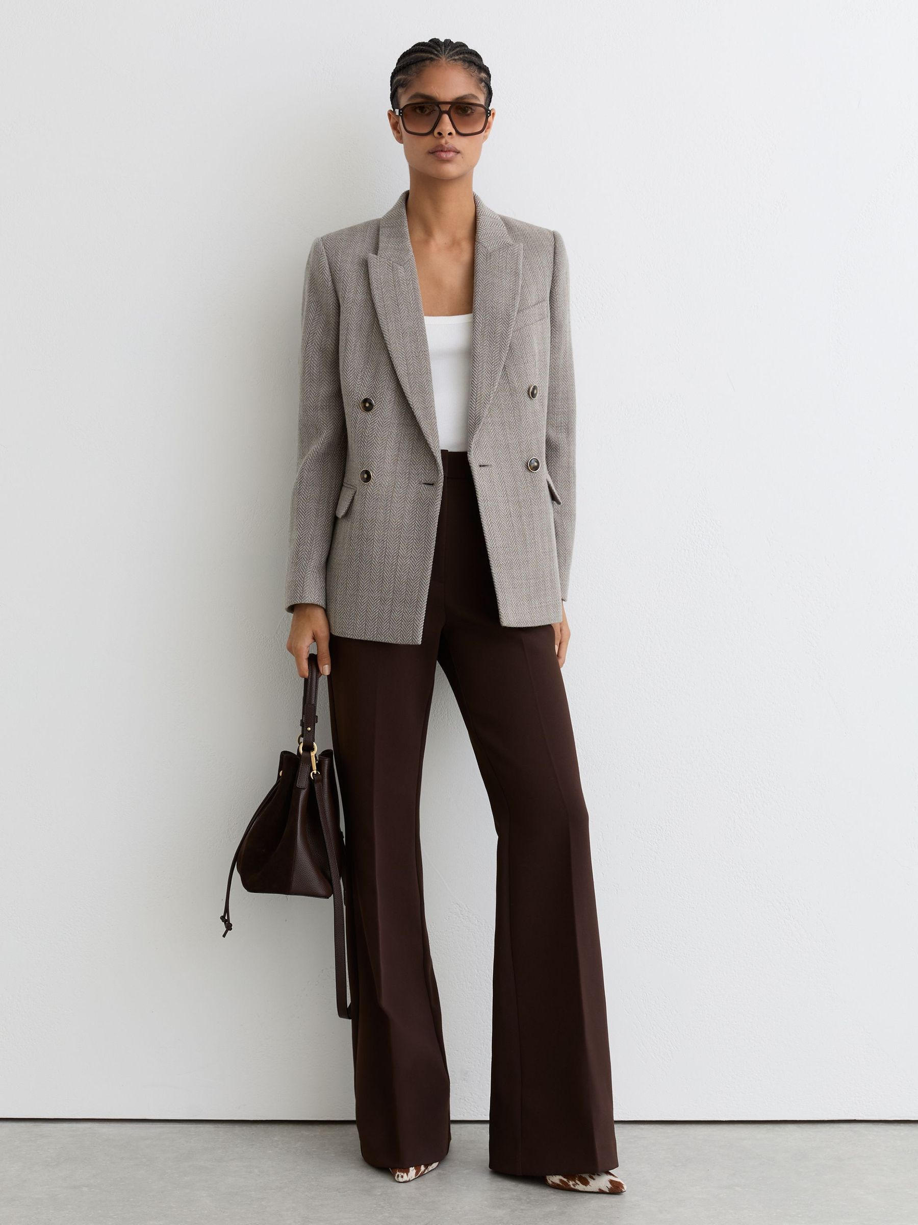 Herringbone Double-Breasted Blazer Wool-Cotton in Grey (V12833) | $495