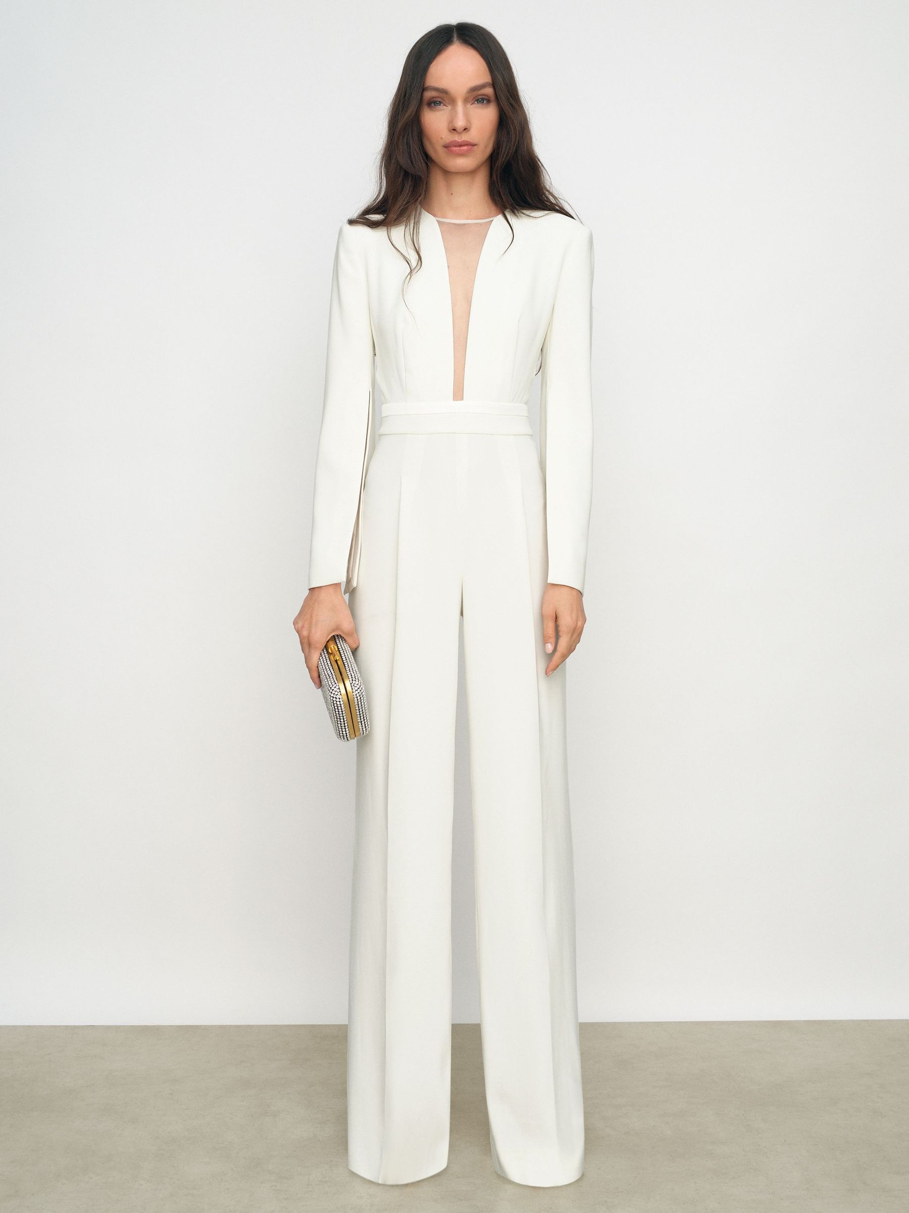 Plunge-Neck Split-Sleeve Jumpsuit in Ivory (V15979) | $455