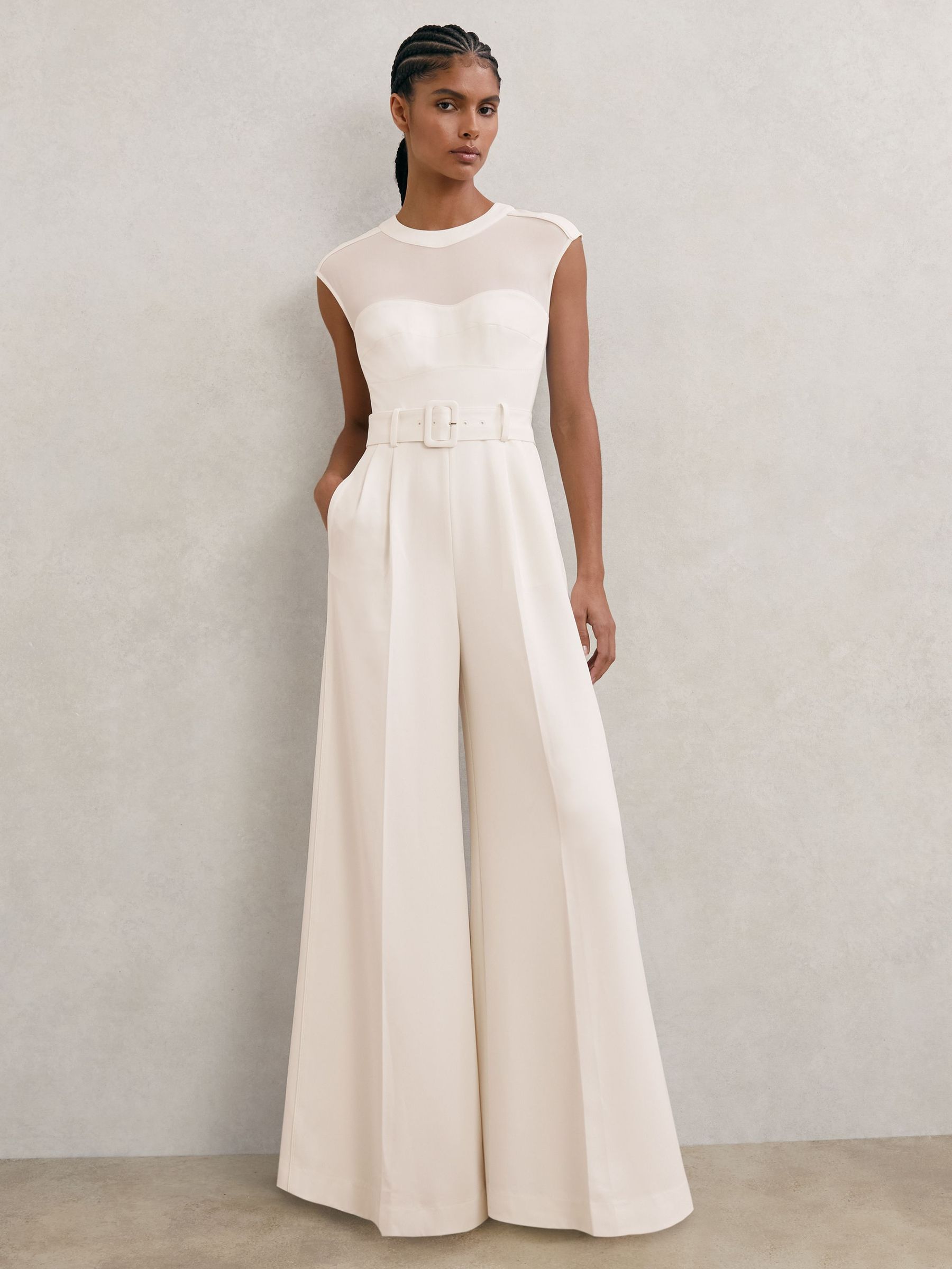 Sheer-Panel Wide-Leg Belted Jumpsuit in Ivory (V15983) | $420