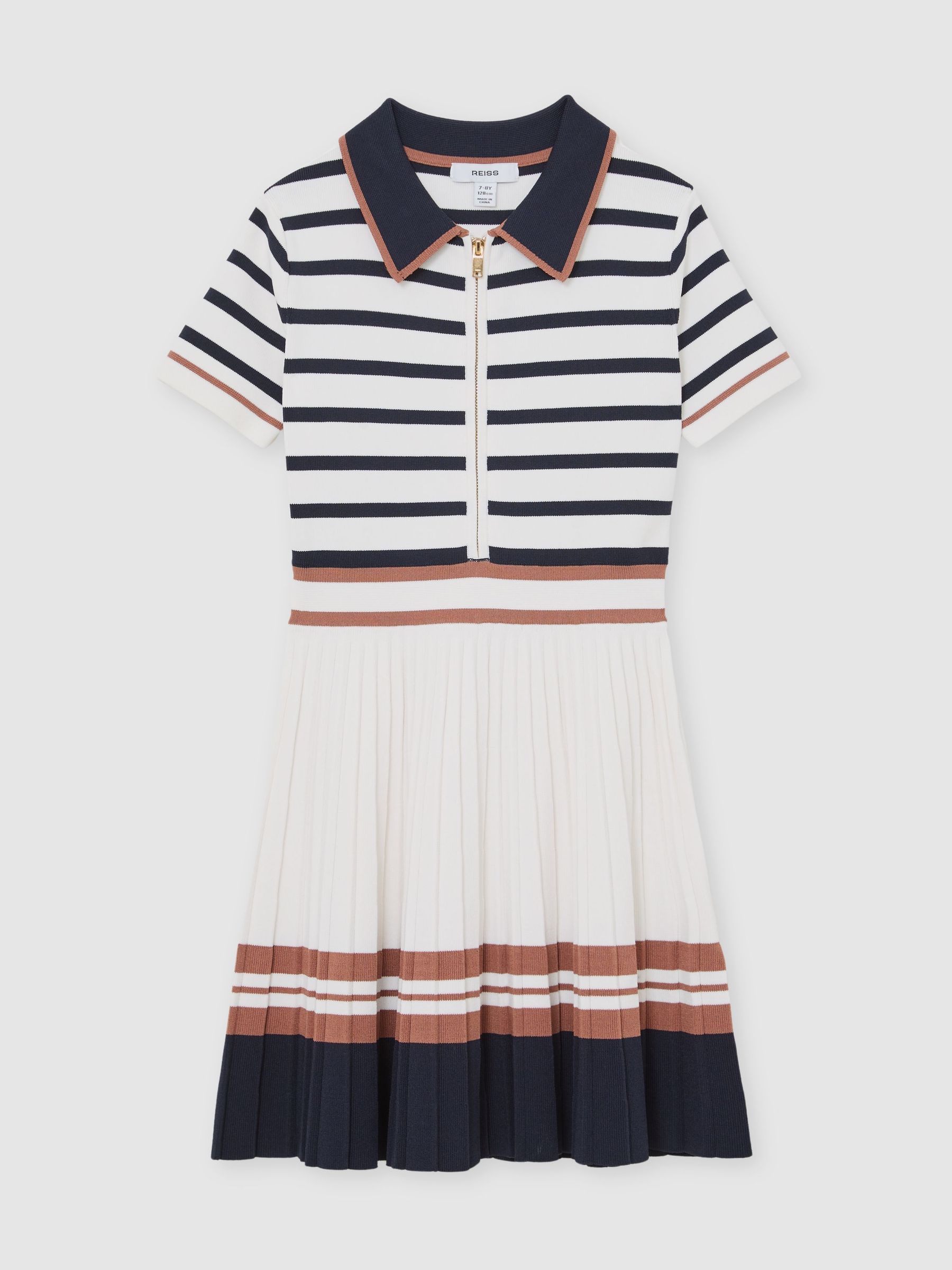 13-14 yrs Cotton Collared Stripe Knit Dress in Ivory (V15995) | €115