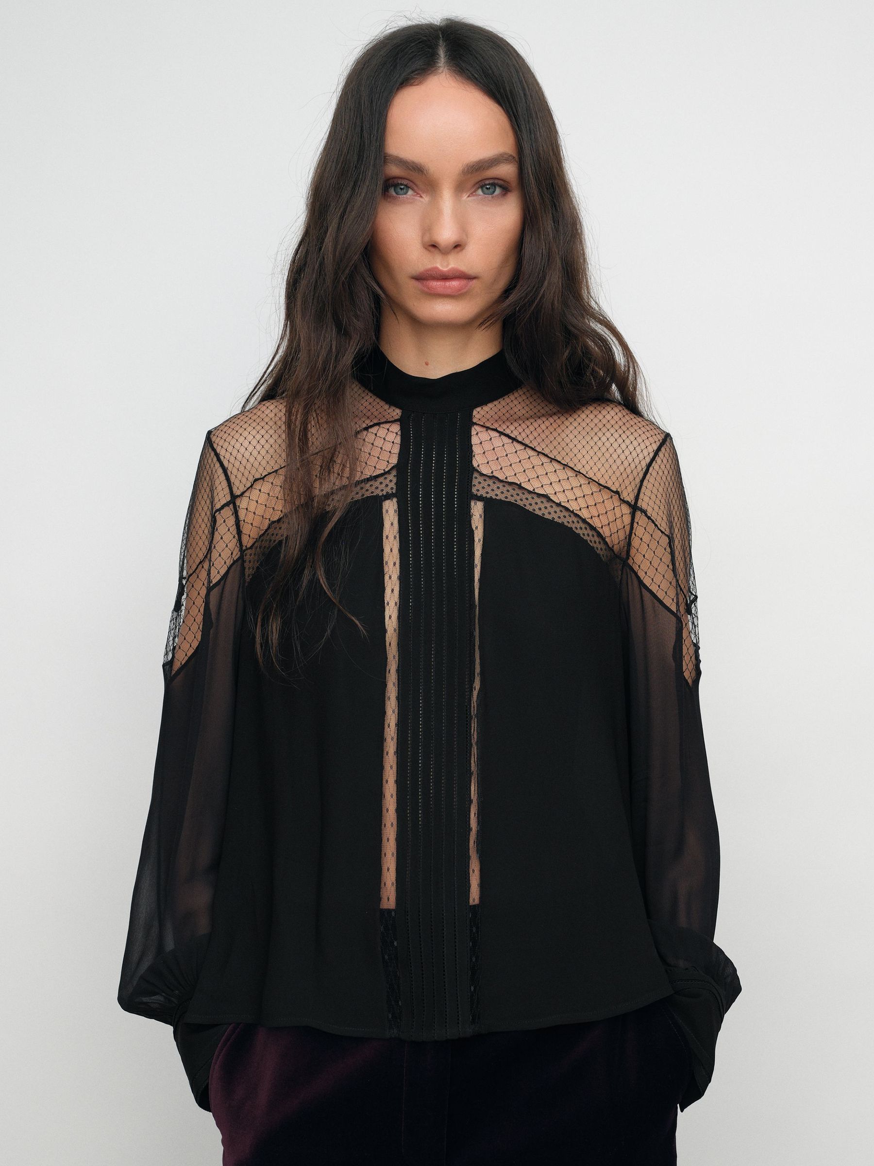 Lace-Insert Tie-Back Blouse in Black (V16001) | $310