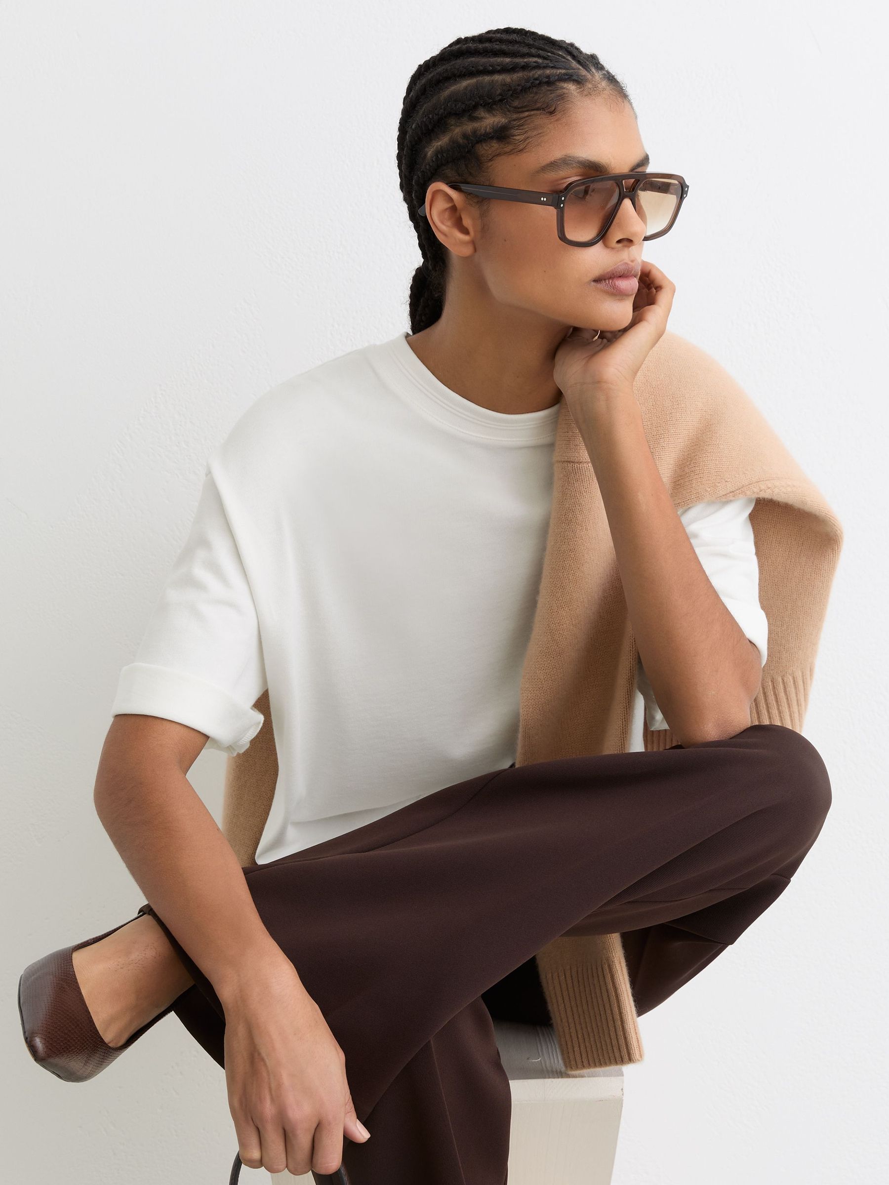 Cotton Ribbed-Neck Oversized T-Shirt in White (V20327) | $80