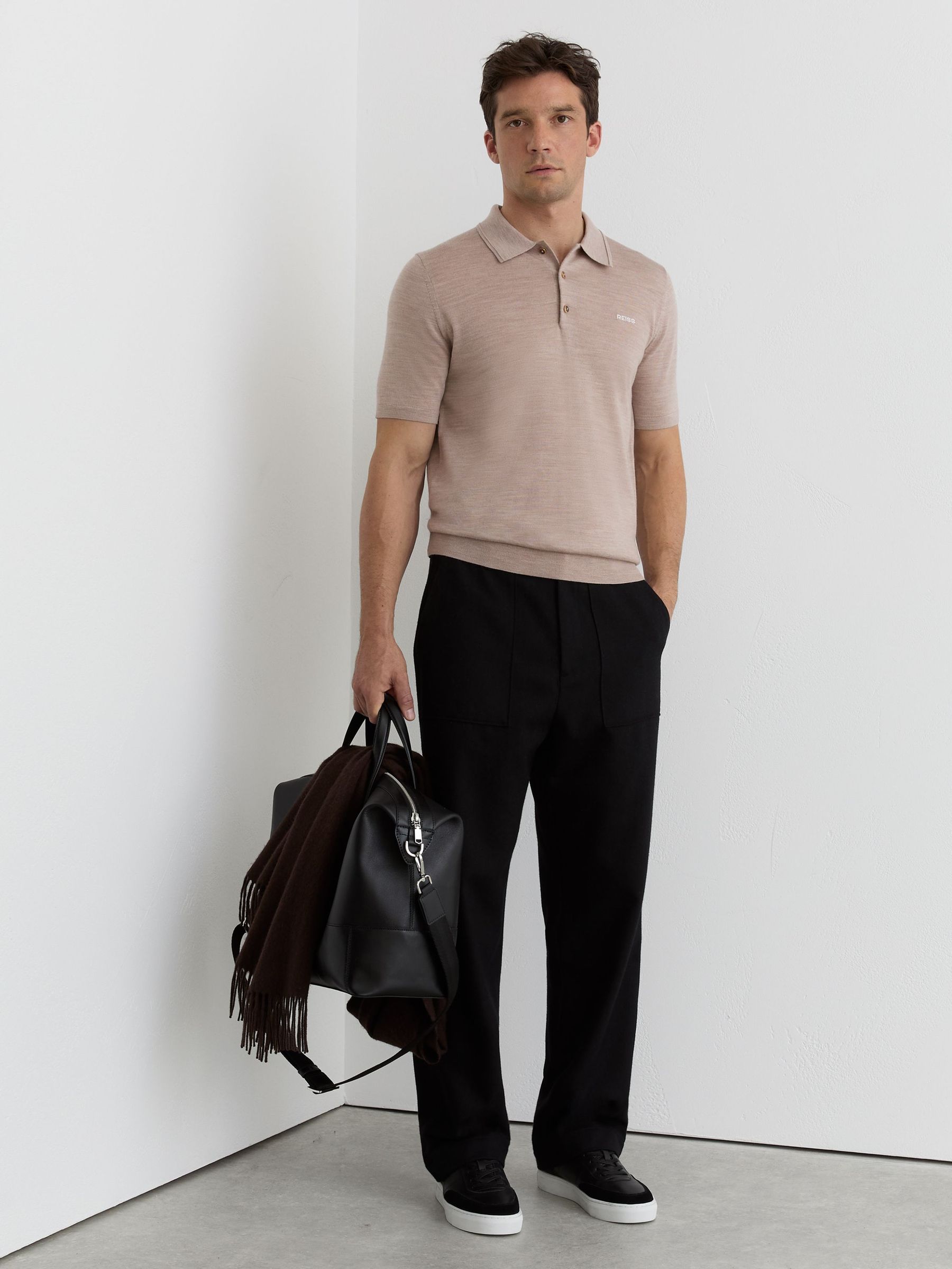 Merino Wool Logo Polo Shirt in Wheat Melange (V20346) | 510 zł