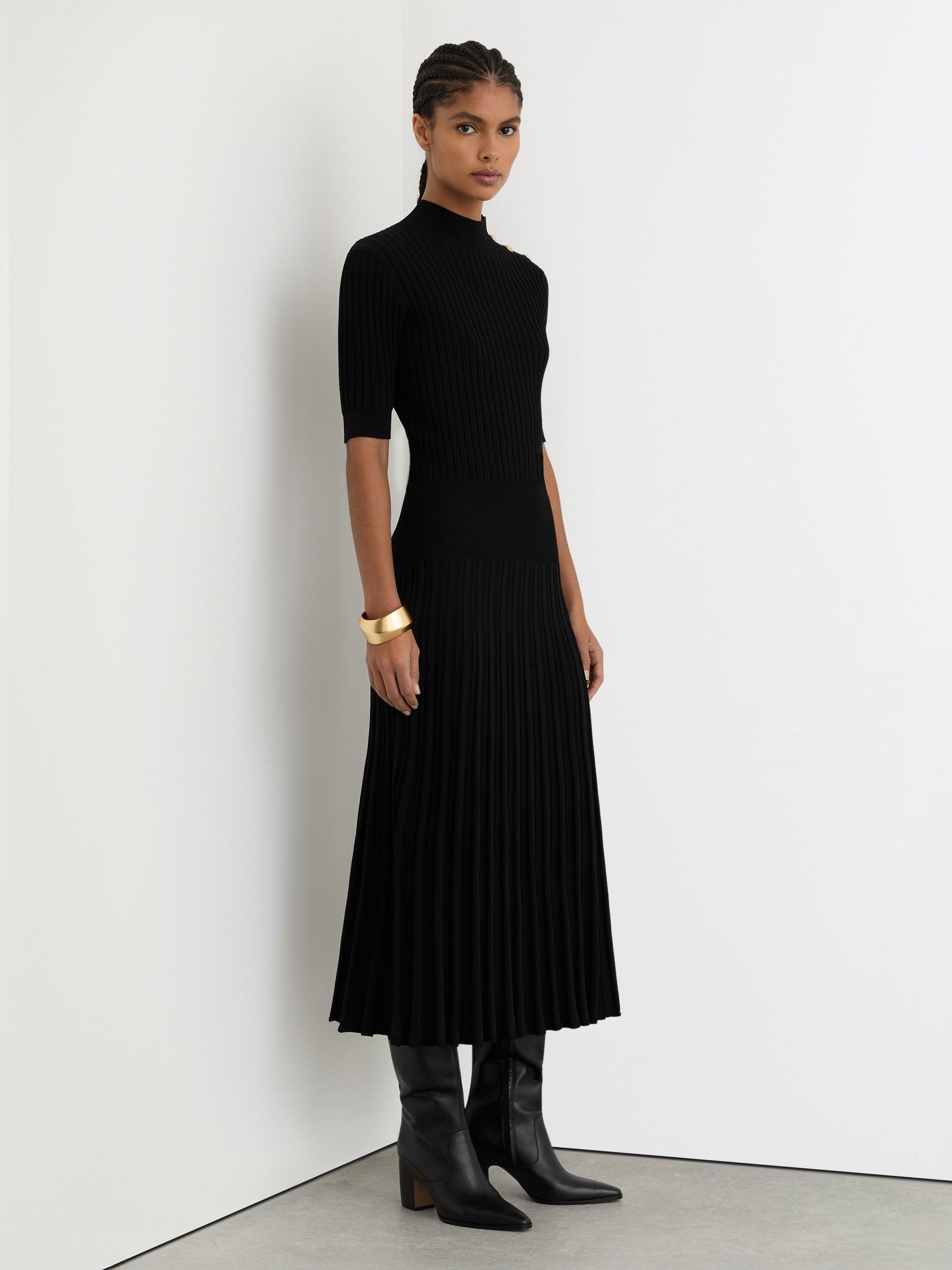 Button-Detail Knitted Midi Dress in Black (V22407) | $330
