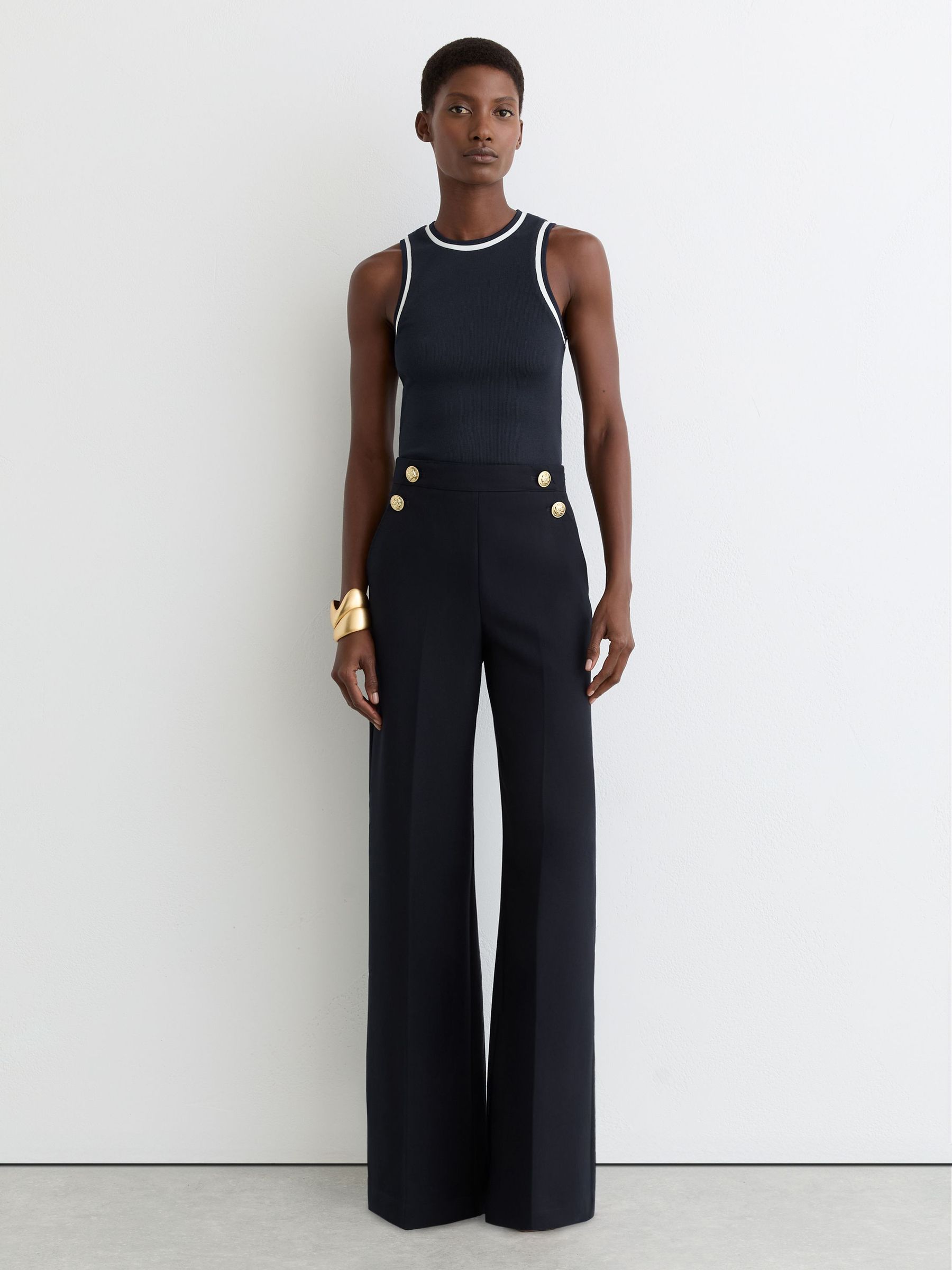 Petite Wide-Leg Button-Detail Trousers in Navy (V23802) | €205