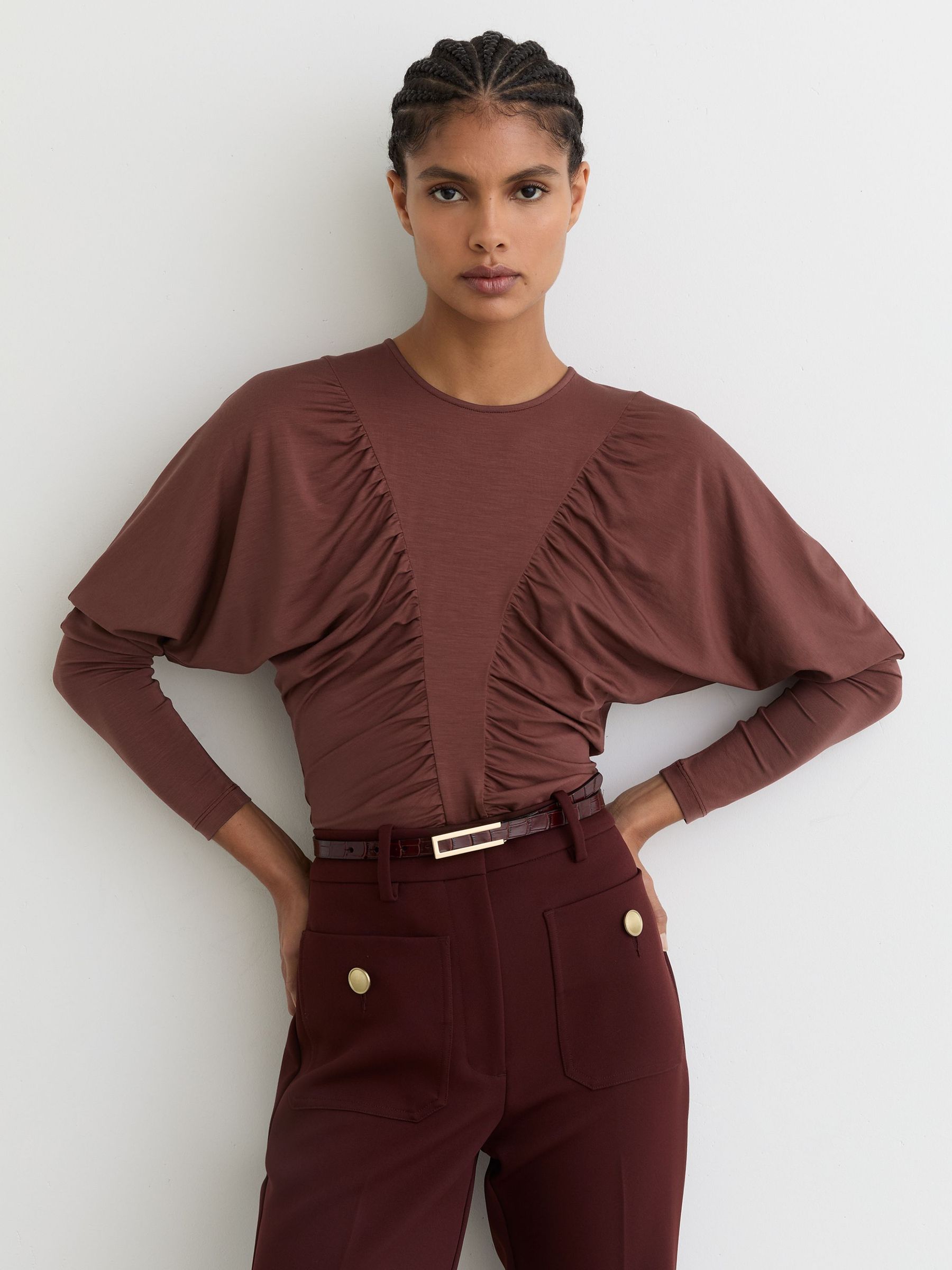 Ruched Jersey Long-Sleeve Top in Rust Red (V23809) | 2 660 Kč