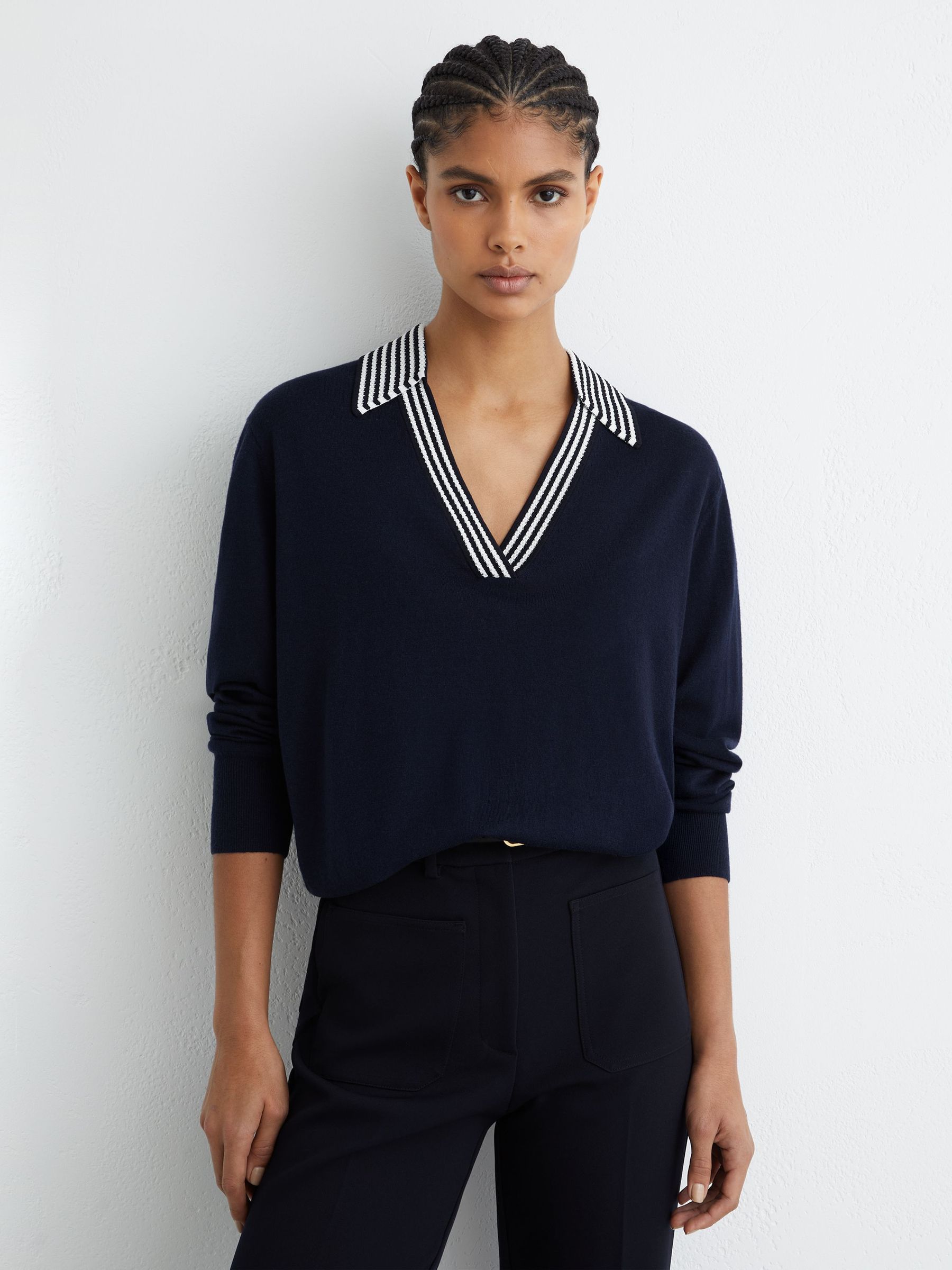 Merino Wool Stripe-Collar Jumper in Navy/White (V23827) | $200
