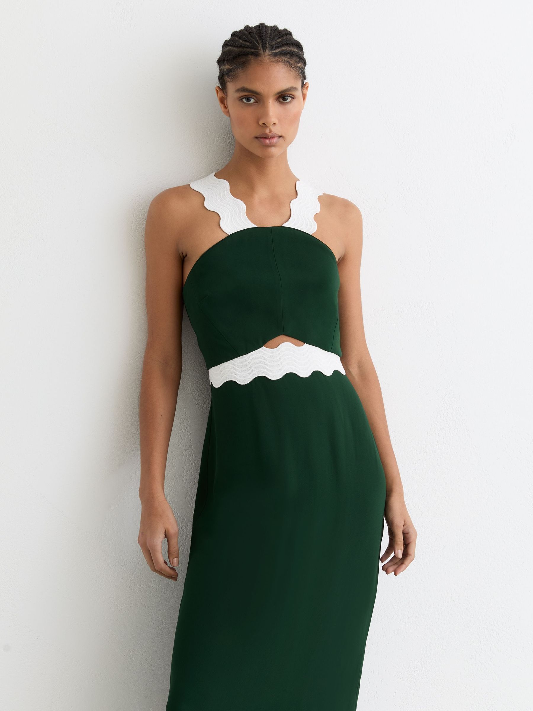 Contrast Wave-Trim Fitted Midi Dress in Dark Green/Ivory (V27806) | €255