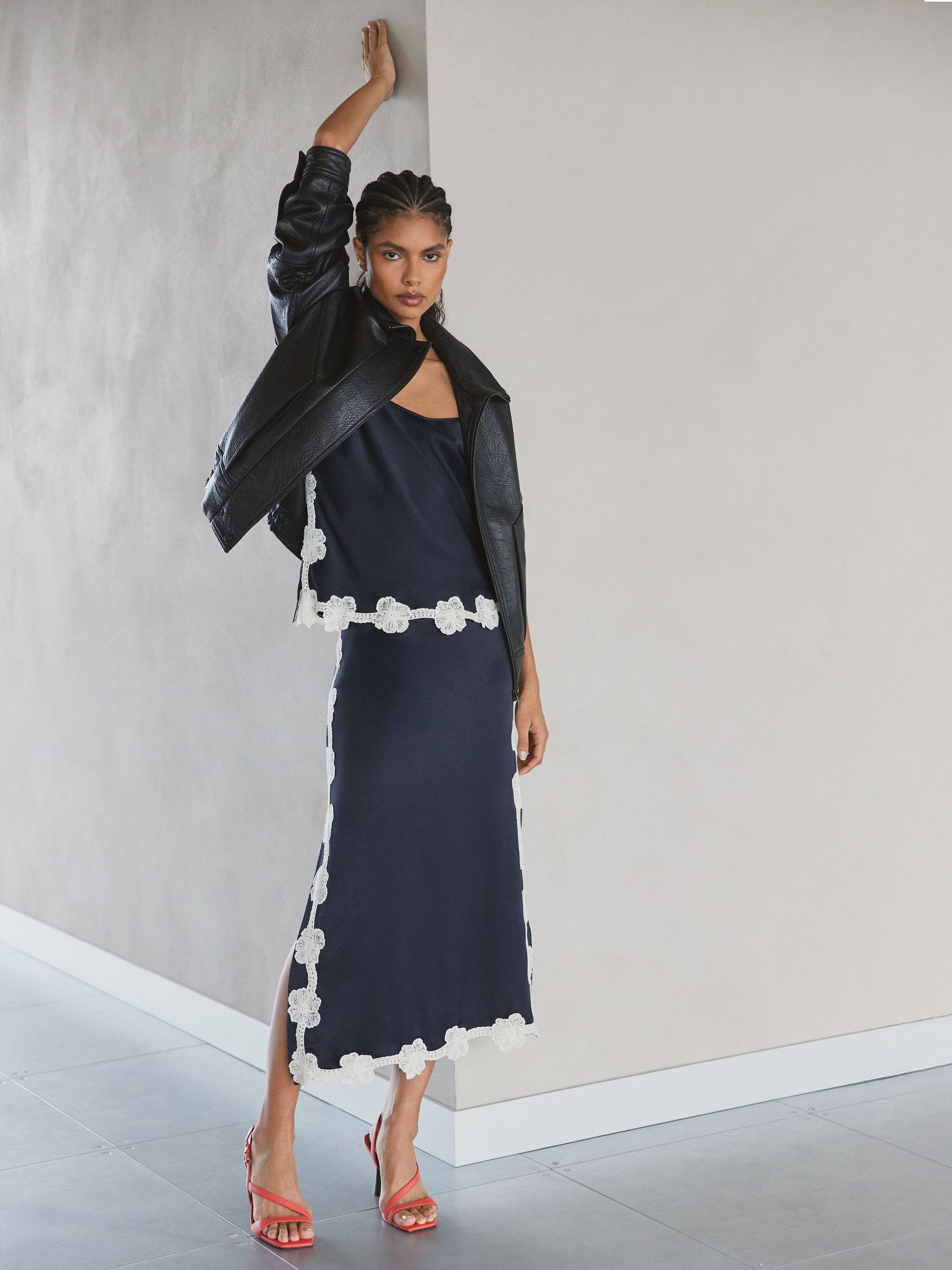 Satin Floral-Lace Trim Midi Skirt in Navy (V27811) | €235