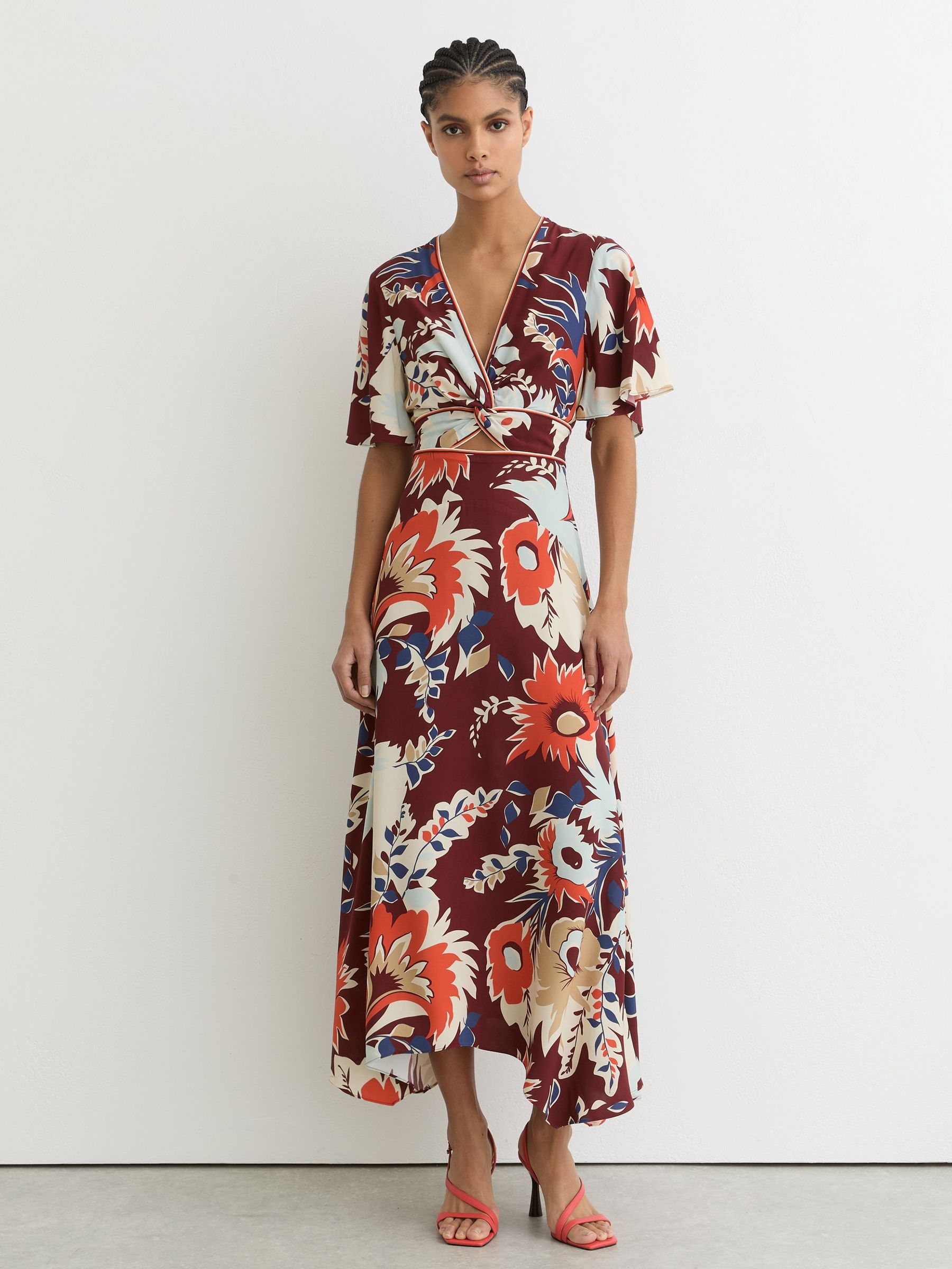 Floral-Print Cut-Out Midi Dress in Burgundy (V30341) | €335